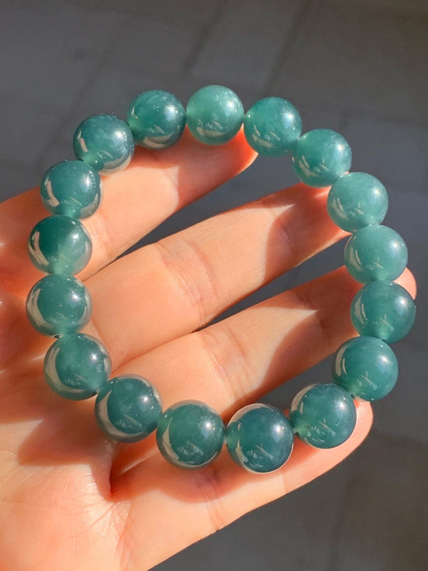 Natural Grade A Guatemalan Icy Translucent Dark Teal Blue Jade Jadeite Large Beaded Bracelet Stretchy 11.8mm 7.5” 47g 天然冰危深蓝翡翠圆珠手串 WSH428