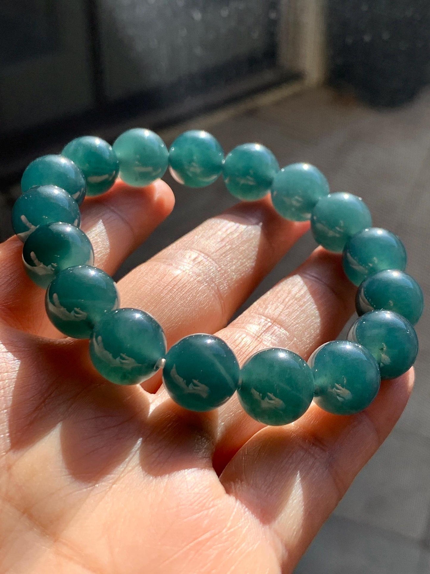 Natural Grade A Guatemalan Icy Translucent Dark Teal Blue Jade Jadeite Large Beaded Bracelet Stretchy 11.8mm 7.5” 47g 天然冰危深蓝翡翠圆珠手串 WSH428