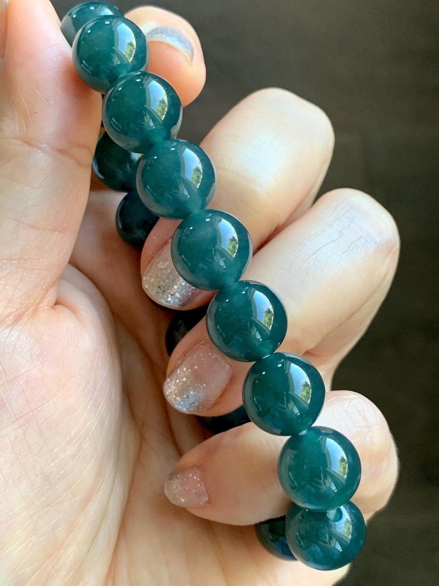 Natural Grade A Guatemalan Icy Translucent Dark Teal Blue Jade Jadeite Large Beaded Bracelet Stretchy 11.8mm 7.5” 47g 天然冰危深蓝翡翠圆珠手串 WSH428