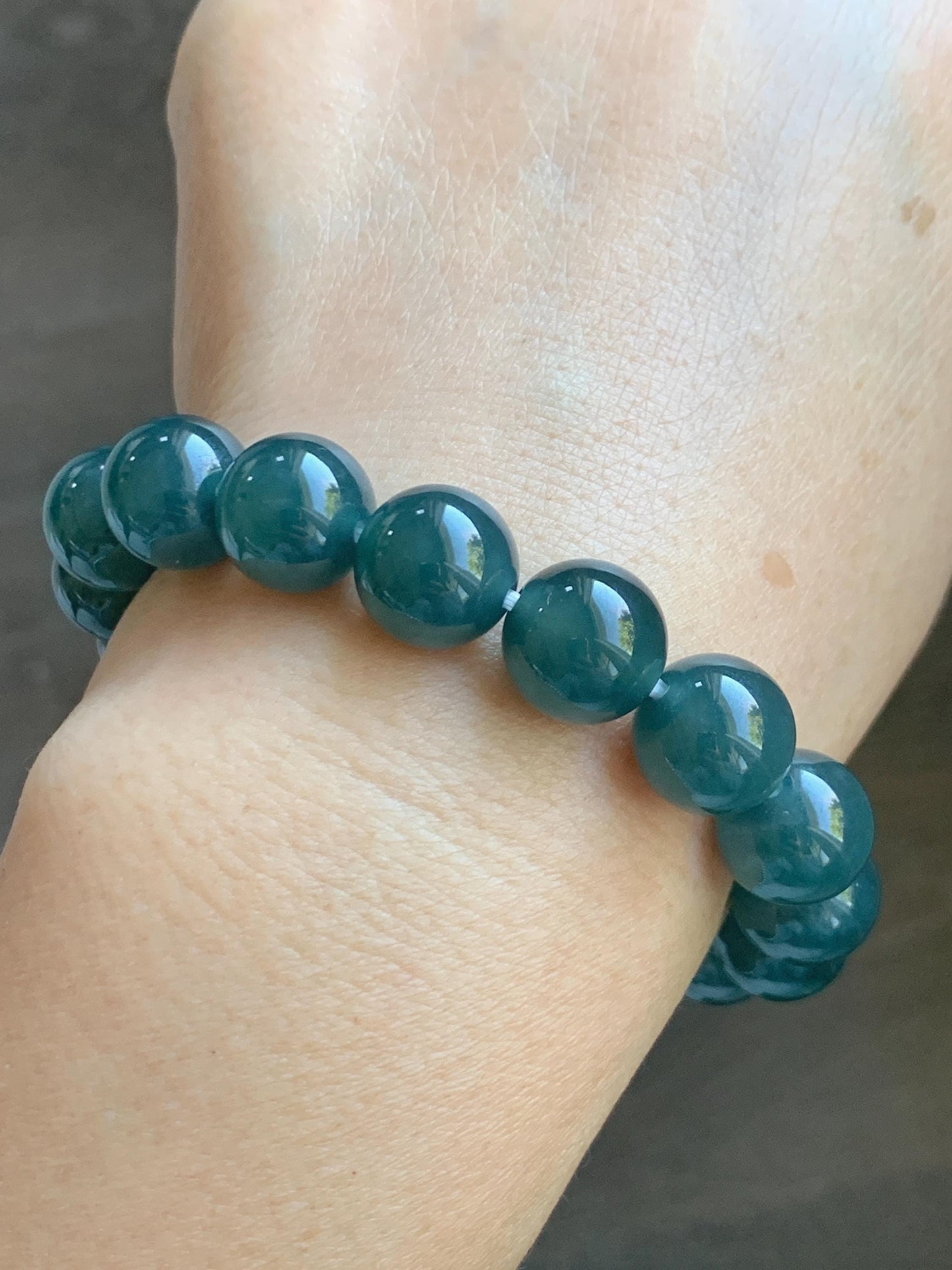 Natural Grade A Guatemalan Icy Translucent Dark Teal Blue Jade Jadeite Large Beaded Bracelet Stretchy 11.8mm 7.5” 47g 天然冰危深蓝翡翠圆珠手串 WSH428
