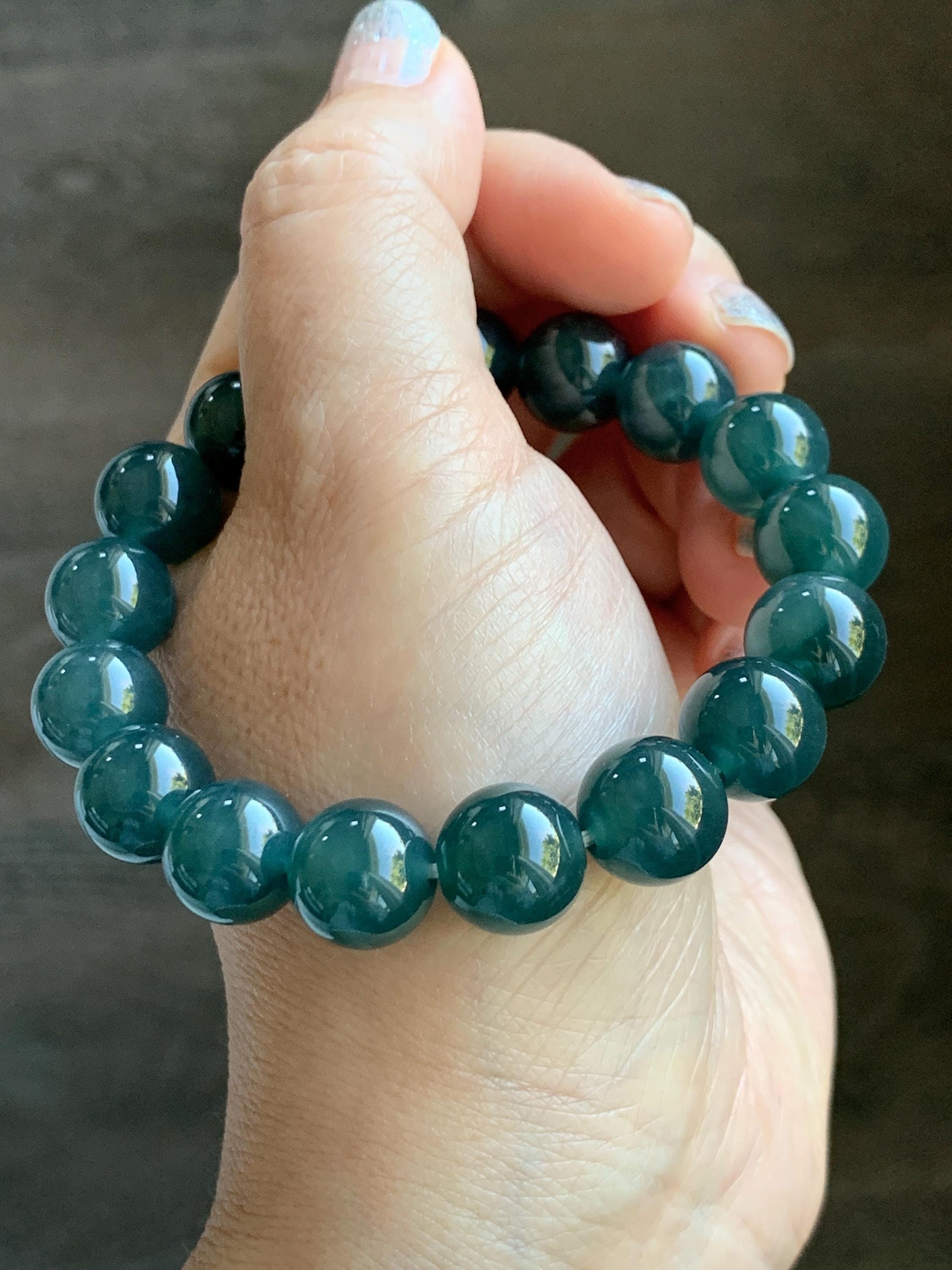 Natural Grade A Guatemalan Icy Translucent Dark Teal Blue Jade Jadeite Large Beaded Bracelet Stretchy 11.8mm 7.5” 47g 天然冰危深蓝翡翠圆珠手串 WSH428