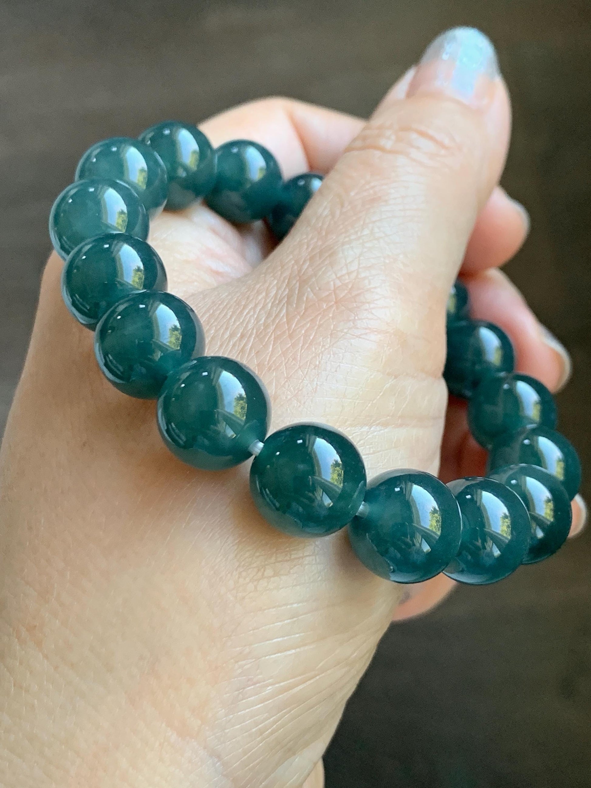 Natural Grade A Guatemalan Icy Translucent Dark Teal Blue Jade Jadeite Large Beaded Bracelet Stretchy 11.8mm 7.5” 47g 天然冰危深蓝翡翠圆珠手串 WSH428