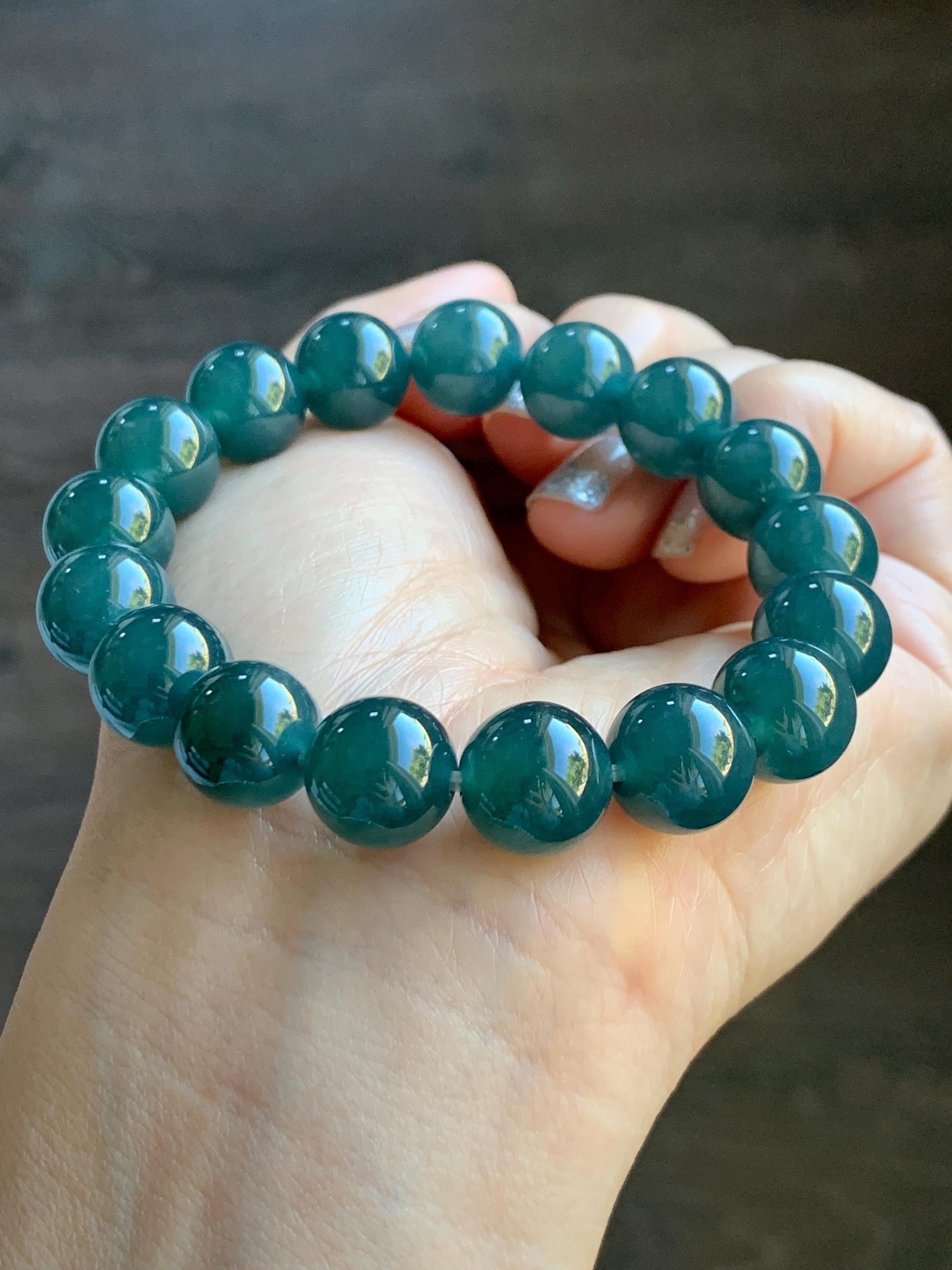 Natural Grade A Guatemalan Icy Translucent Dark Teal Blue Jade Jadeite Large Beaded Bracelet Stretchy 11.8mm 7.5” 47g 天然冰危深蓝翡翠圆珠手串 WSH428