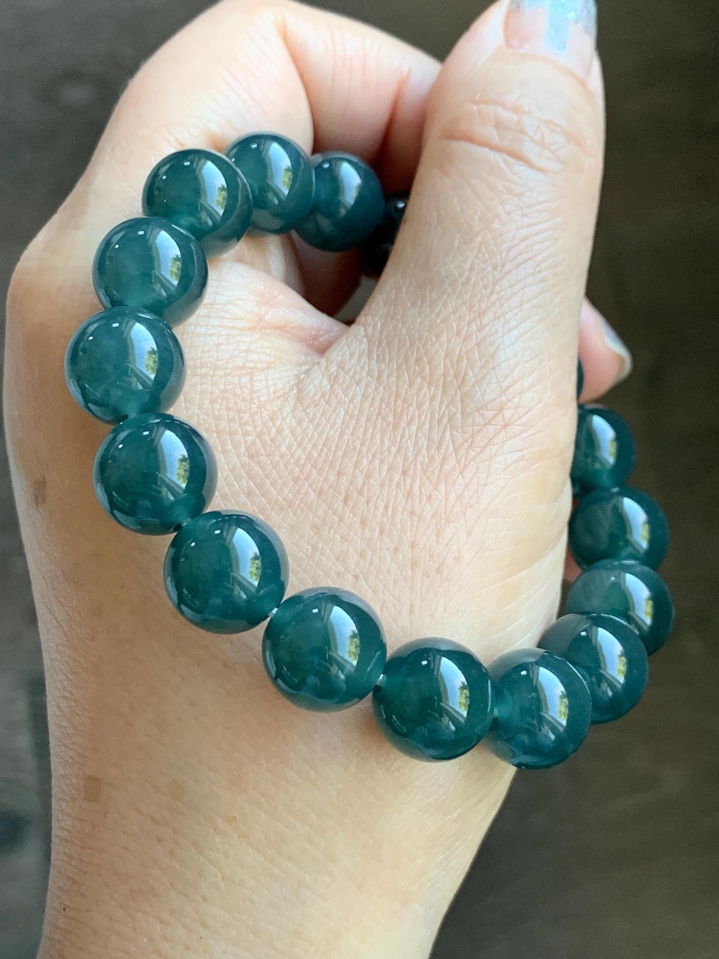Natural Grade A Guatemalan Icy Translucent Dark Teal Blue Jade Jadeite Large Beaded Bracelet Stretchy 11.8mm 7.5” 47g 天然冰危深蓝翡翠圆珠手串 WSH428