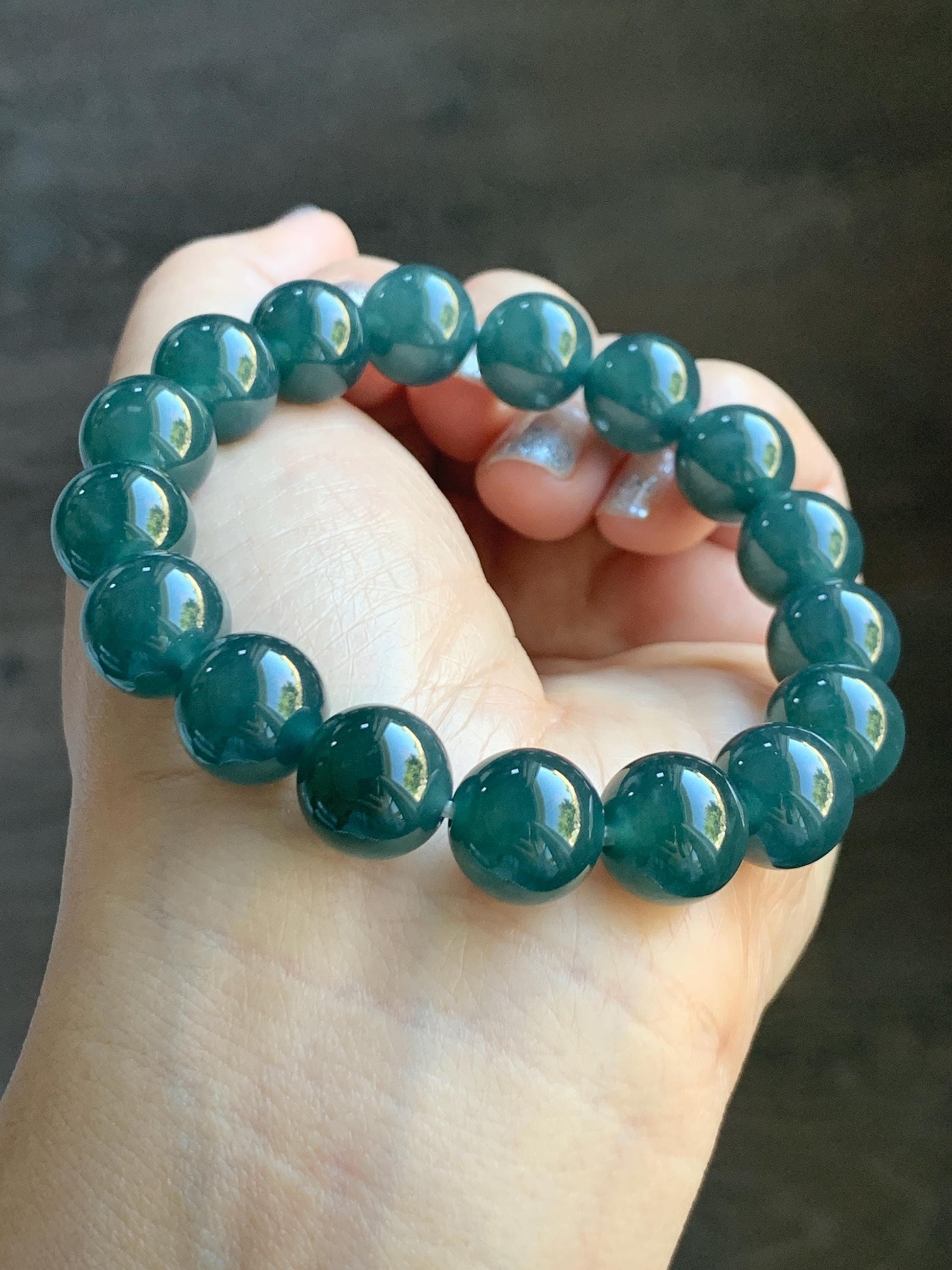 Natural Grade A Guatemalan Icy Translucent Dark Teal Blue Jade Jadeite Large Beaded Bracelet Stretchy 11.8mm 7.5” 47g 天然冰危深蓝翡翠圆珠手串 WSH428