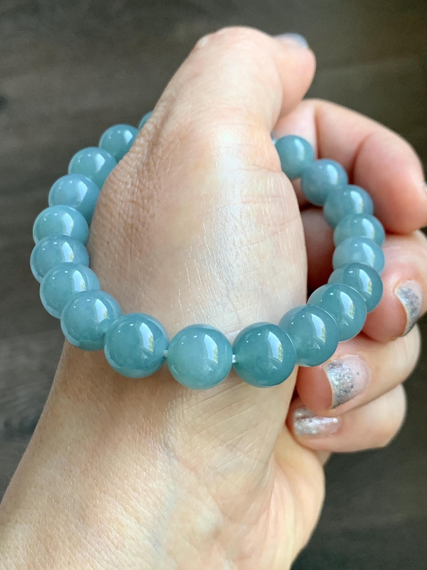 Natural Grade A Guatemalan Icy Translucent Teal Jade Jadeite Beaded Bracelet Stretchy 9.9mm 7.5"-7.75” 34g 天然冰危蓝翡翠圆珠手串 WLL330A