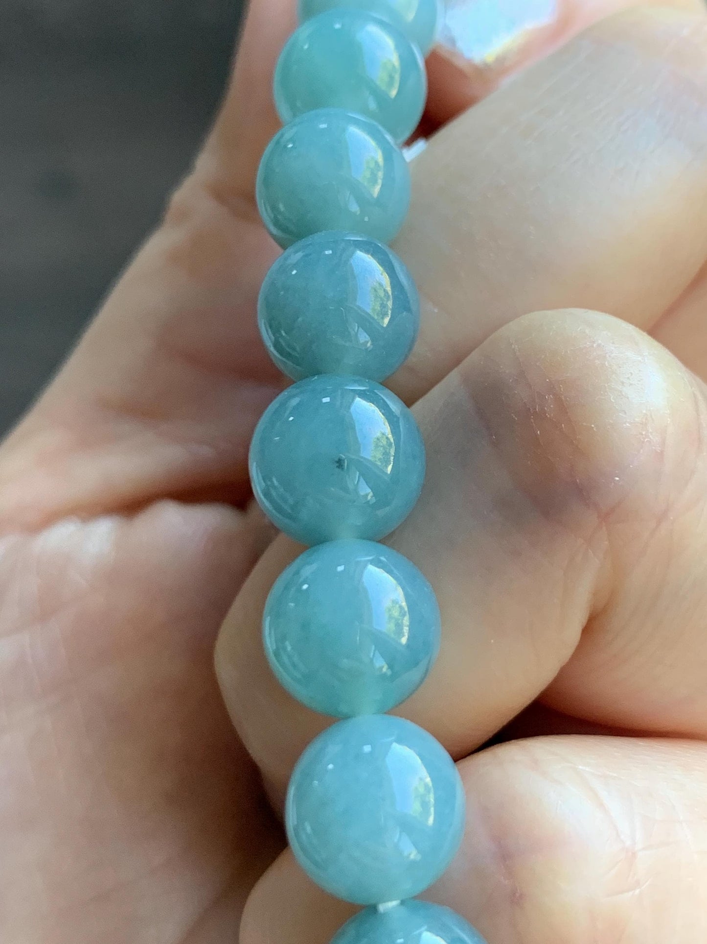 Natural Grade A Guatemalan Icy Translucent Teal Jade Jadeite Beaded Bracelet Stretchy 9.9mm 7.5"-7.75” 34g 天然冰危蓝翡翠圆珠手串 WLL330A