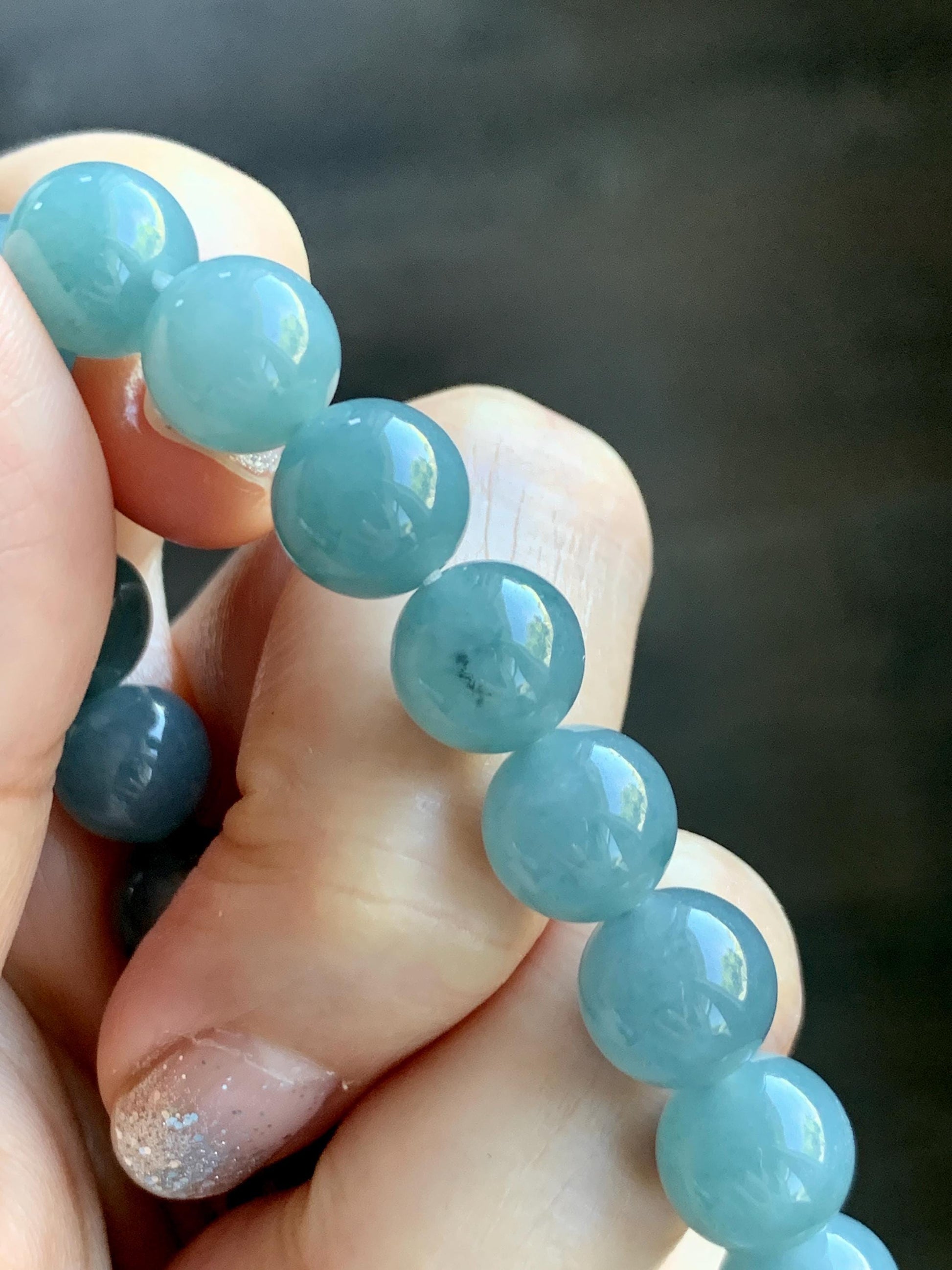 Natural Grade A Guatemalan Icy Translucent Teal Jade Jadeite Beaded Bracelet Stretchy 9.9mm 7.5"-7.75” 34g 天然冰危蓝翡翠圆珠手串 WLL330A