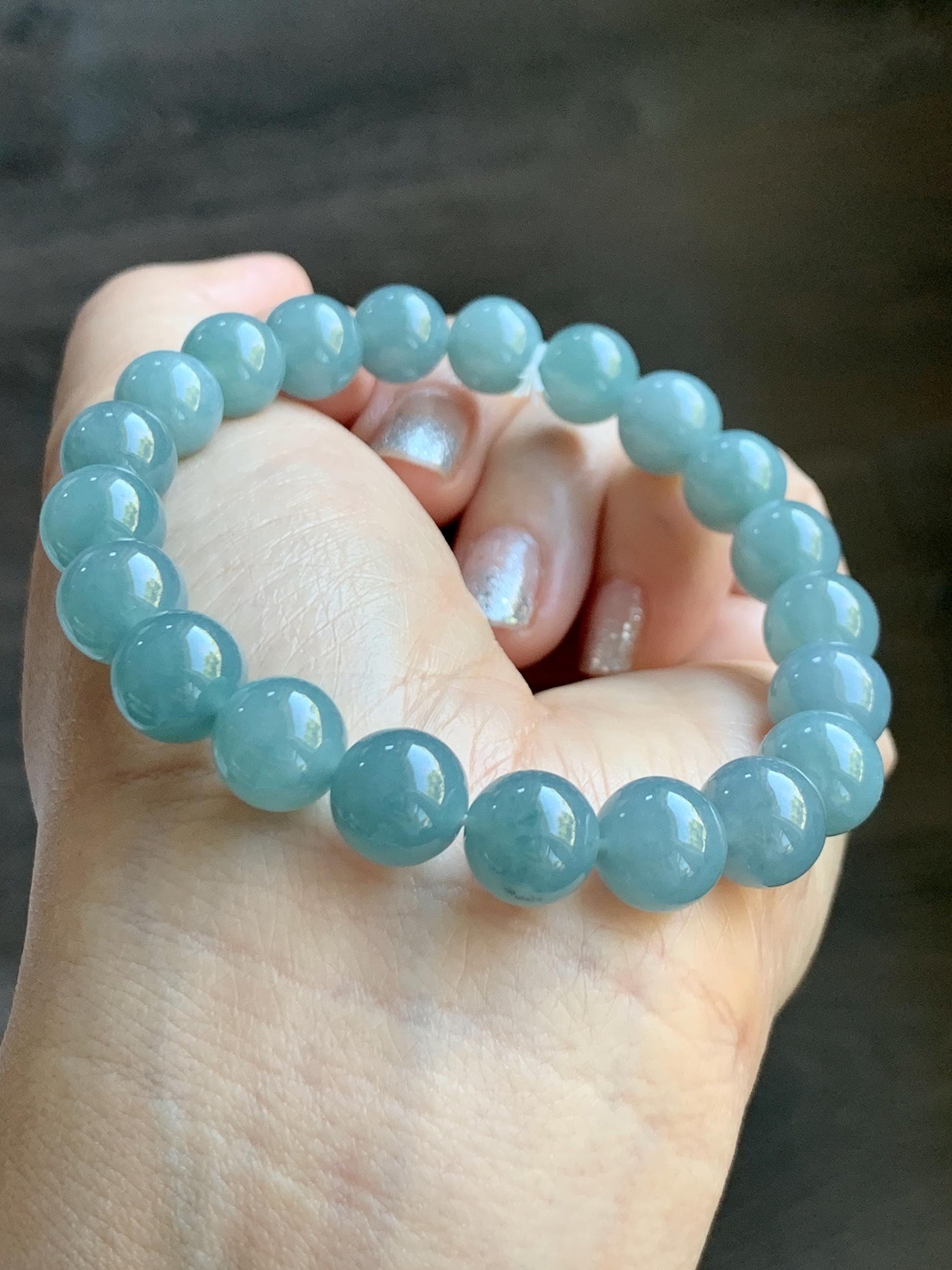 Natural Grade A Guatemalan Icy Translucent Teal Jade Jadeite Beaded Bracelet Stretchy 9.9mm 7.5"-7.75” 34g 天然冰危蓝翡翠圆珠手串 WLL330A