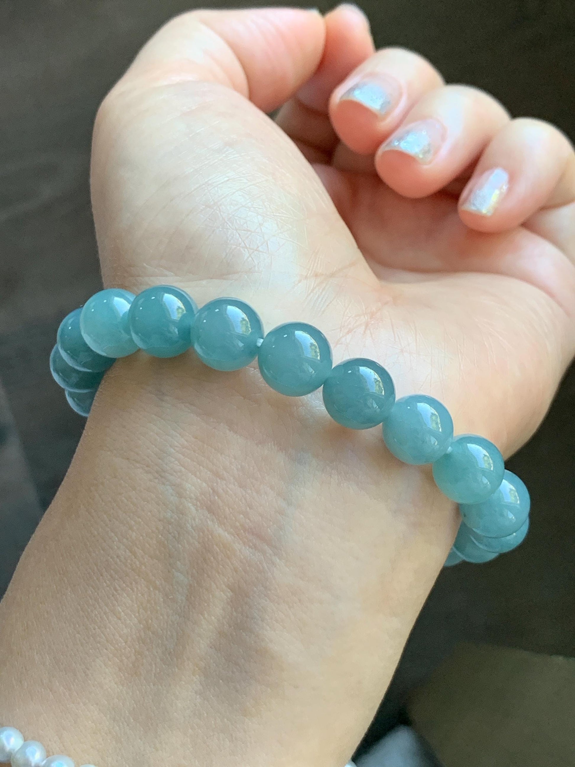 Natural Grade A Guatemalan Icy Translucent Teal Jade Jadeite Beaded Bracelet Stretchy 9.9mm 7.5"-7.75” 34g 天然冰危蓝翡翠圆珠手串 WLL330A