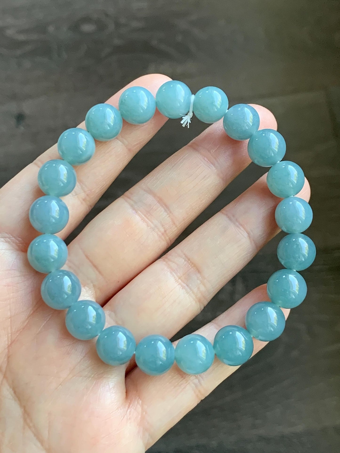 Natural Grade A Guatemalan Icy Translucent Teal Jade Jadeite Beaded Bracelet Stretchy 9.9mm 7.5"-7.75” 34g 天然冰危蓝翡翠圆珠手串 WLL330A