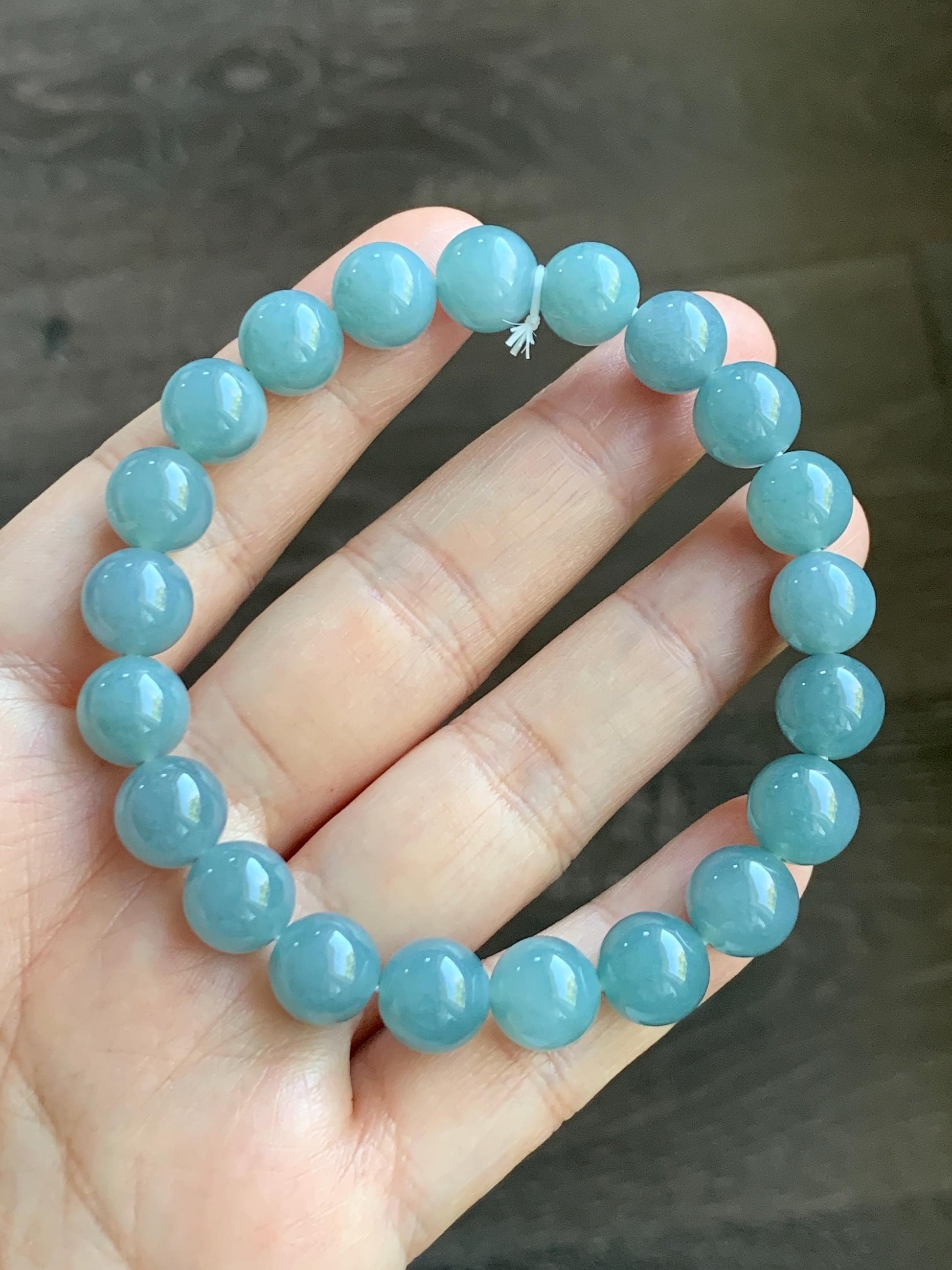 Natural Grade A Guatemalan Icy Translucent Teal Jade Jadeite Beaded Bracelet Stretchy 9.9mm 7.5"-7.75” 34g 天然冰危蓝翡翠圆珠手串 WLL330A