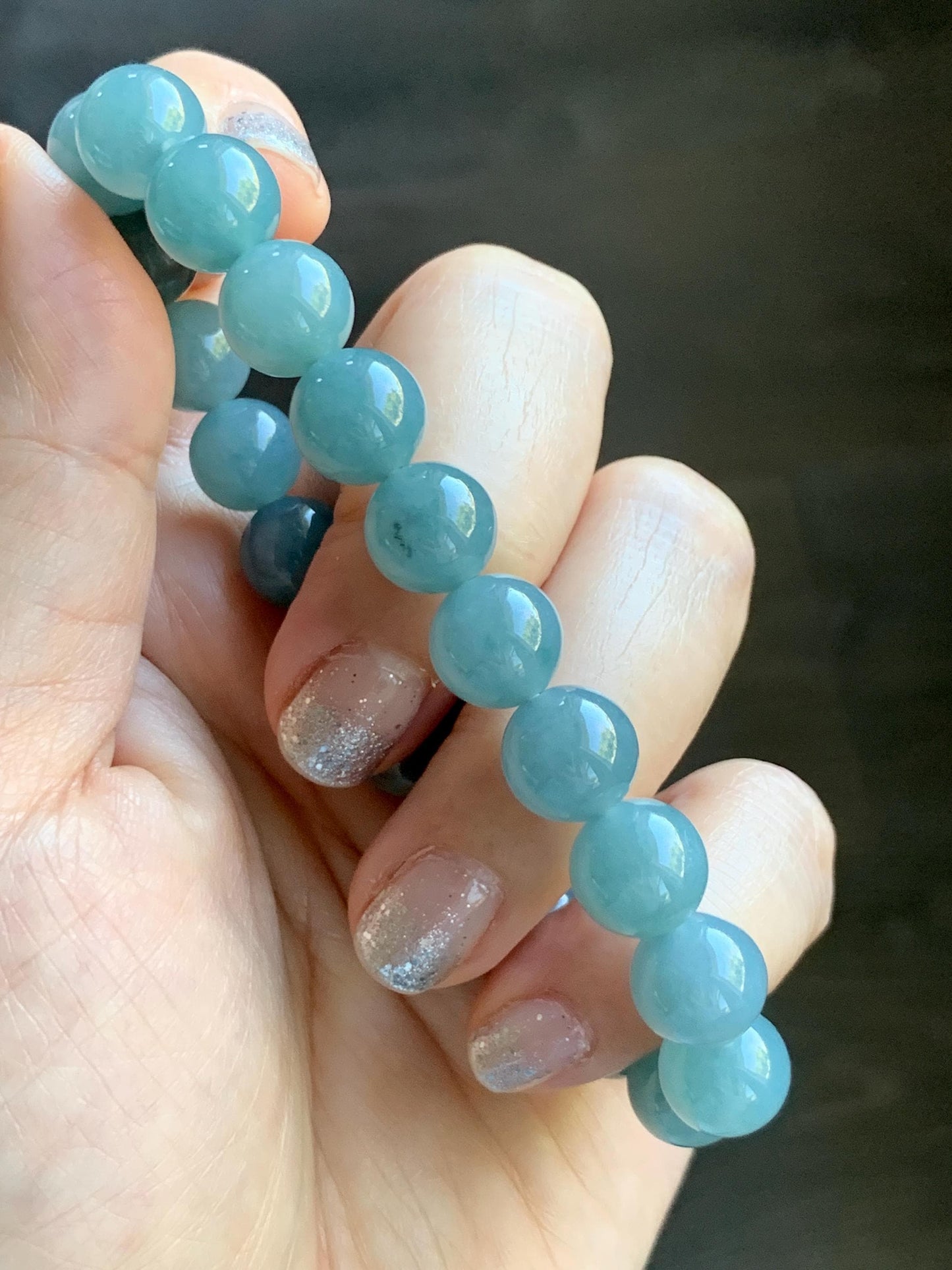 Natural Grade A Guatemalan Icy Translucent Teal Jade Jadeite Beaded Bracelet Stretchy 9.9mm 7.5"-7.75” 34g 天然冰危蓝翡翠圆珠手串 WLL330A