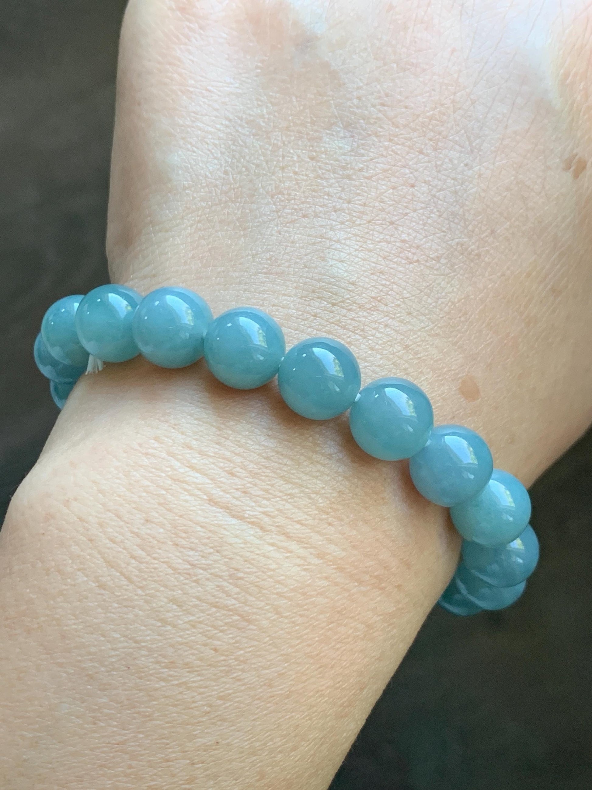 Natural Grade A Guatemalan Icy Translucent Teal Jade Jadeite Beaded Bracelet Stretchy 9.9mm 7.5"-7.75” 34g 天然冰危蓝翡翠圆珠手串 WLL330A