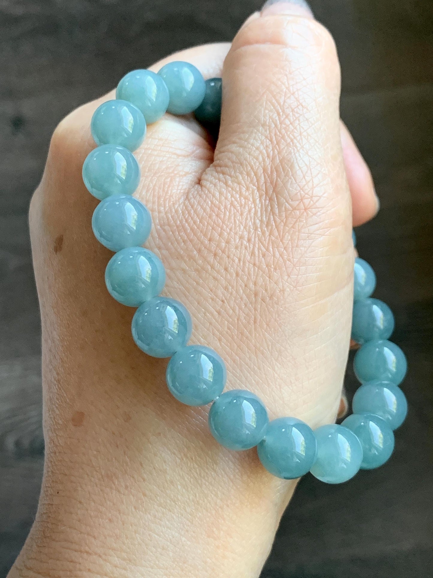 Natural Grade A Guatemalan Icy Translucent Teal Jade Jadeite Beaded Bracelet Stretchy 9.9mm 7.5"-7.75” 34g 天然冰危蓝翡翠圆珠手串 WLL330A