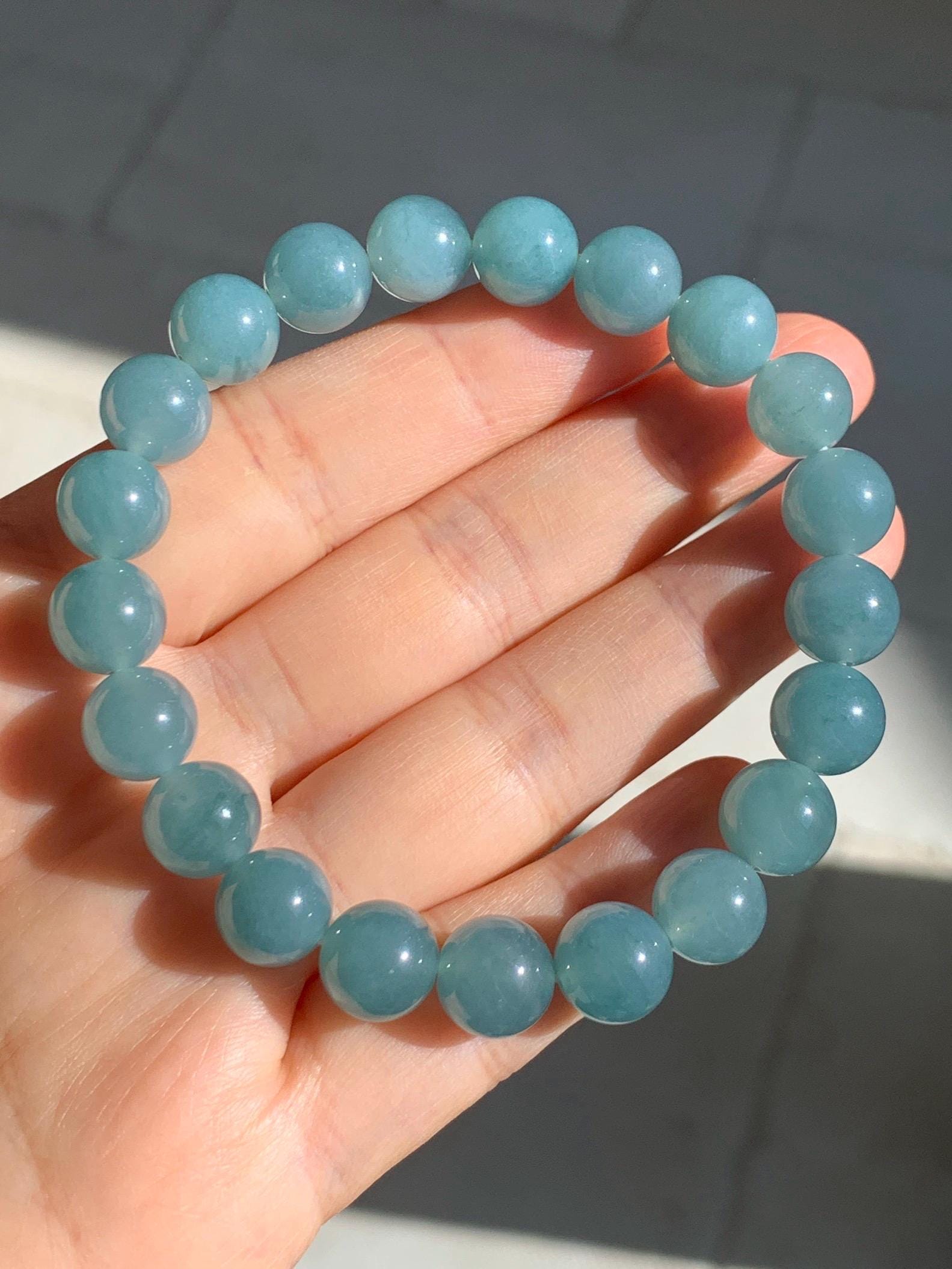 Natural Grade A Guatemalan Icy Translucent Teal Jade Jadeite Beaded Bracelet Stretchy 9.9mm 7.5"-7.75” 34g 天然冰危蓝翡翠圆珠手串 WLL330B
