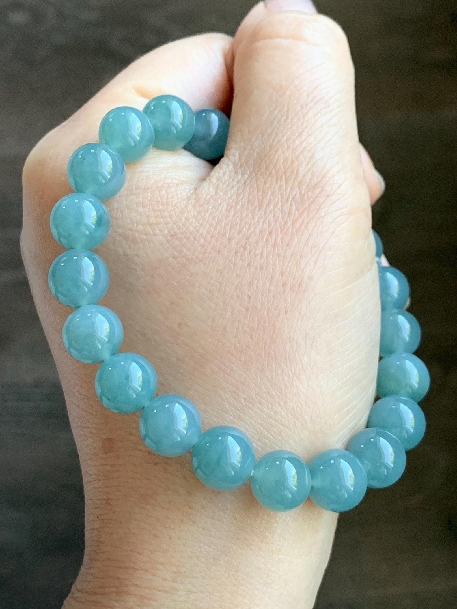 Natural Grade A Guatemalan Icy Translucent Teal Jade Jadeite Beaded Bracelet Stretchy 9.9mm 7.5"-7.75” 34g 天然冰危蓝翡翠圆珠手串 WLL330B