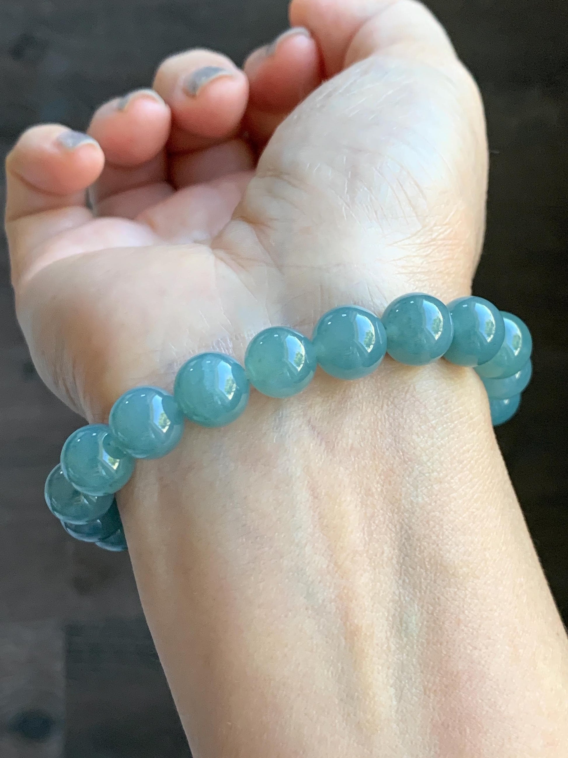 Natural Grade A Guatemalan Icy Translucent Teal Jade Jadeite Beaded Bracelet Stretchy 9.9mm 7.5"-7.75” 34g 天然冰危蓝翡翠圆珠手串 WLL330B