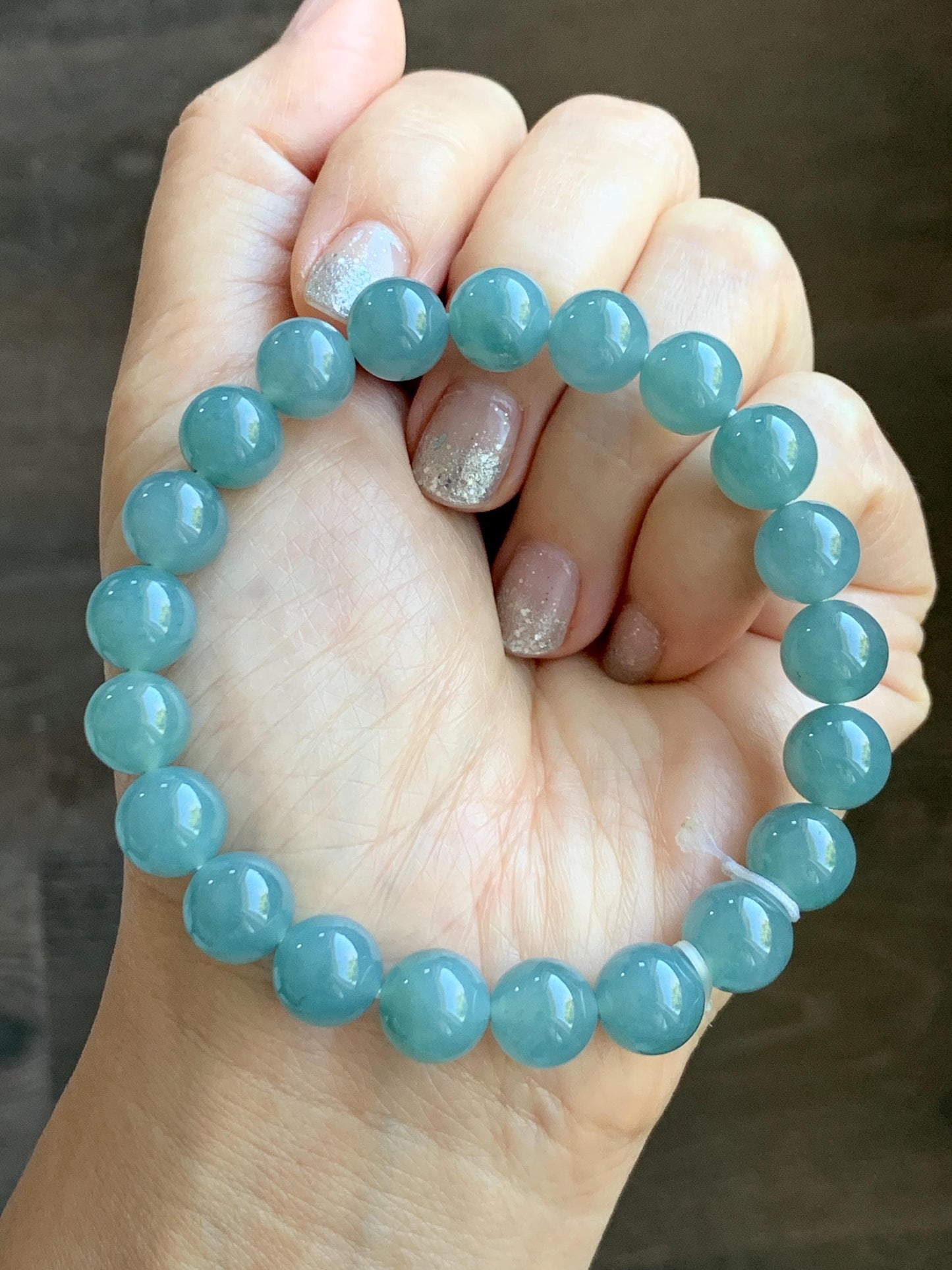 Natural Grade A Guatemalan Icy Translucent Teal Jade Jadeite Beaded Bracelet Stretchy 9.9mm 7.5"-7.75” 34g 天然冰危蓝翡翠圆珠手串 WLL330B