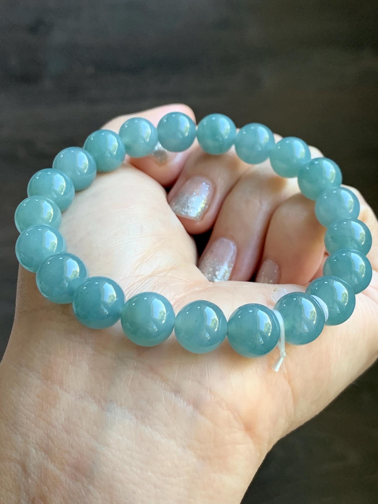 Natural Grade A Guatemalan Icy Translucent Teal Jade Jadeite Beaded Bracelet Stretchy 9.9mm 7.5"-7.75” 34g 天然冰危蓝翡翠圆珠手串 WLL330B