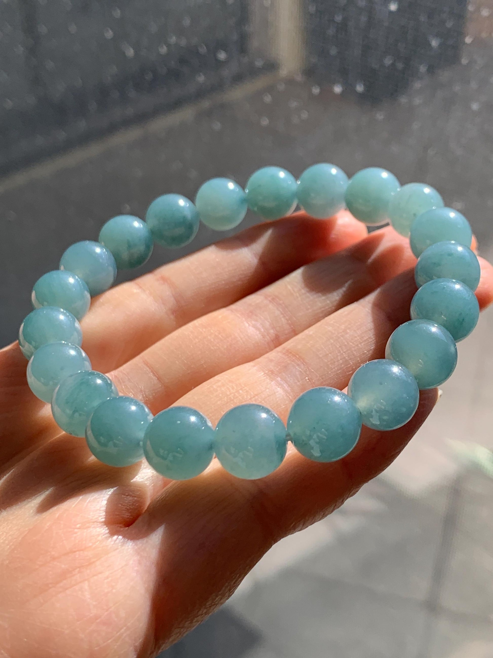 Natural Grade A Guatemalan Icy Translucent Teal Jade Jadeite Beaded Bracelet Stretchy 9.9mm 7.5"-7.75” 34g 天然冰危蓝翡翠圆珠手串 WLL330B