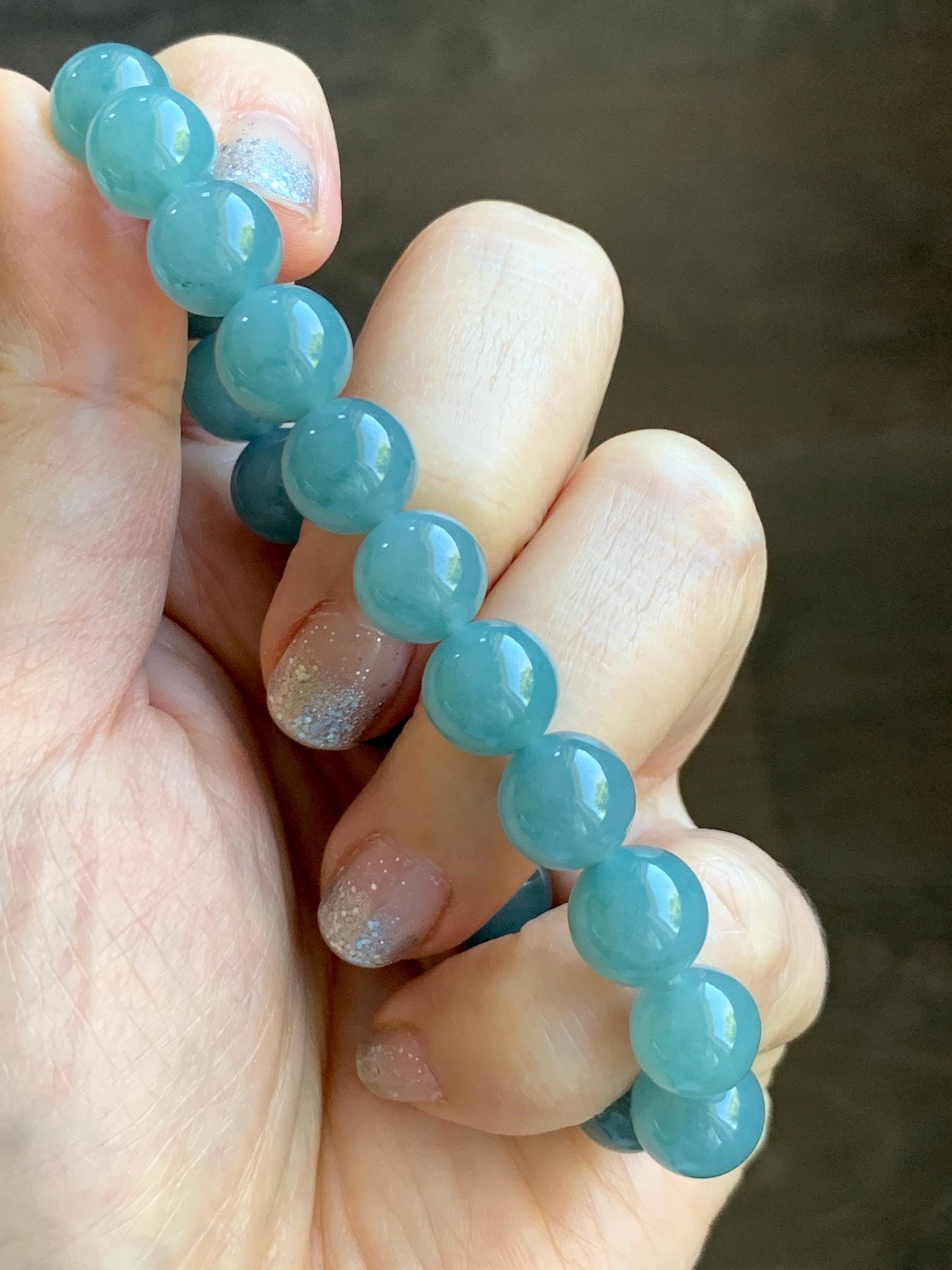 Natural Grade A Guatemalan Icy Translucent Teal Jade Jadeite Beaded Bracelet Stretchy 9.9mm 7.5"-7.75” 34g 天然冰危蓝翡翠圆珠手串 WLL330B