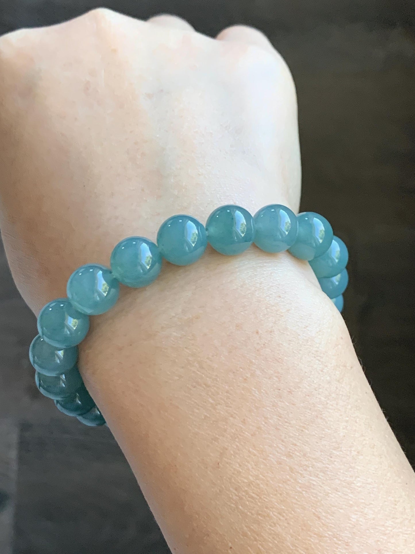 Natural Grade A Guatemalan Icy Translucent Teal Jade Jadeite Beaded Bracelet Stretchy 9.9mm 7.5"-7.75” 34g 天然冰危蓝翡翠圆珠手串 WLL330B