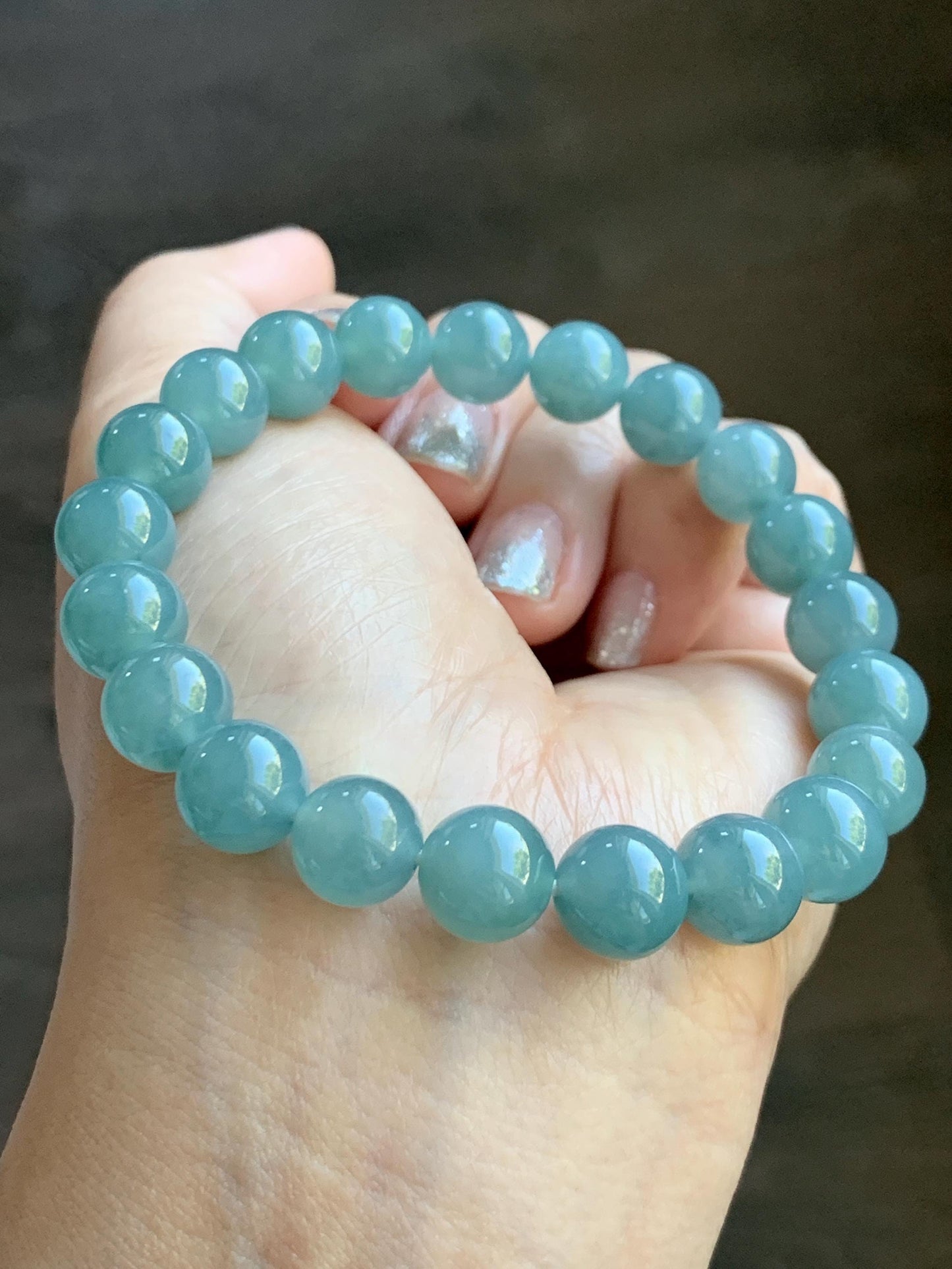 Natural Grade A Guatemalan Icy Translucent Teal Jade Jadeite Beaded Bracelet Stretchy 9.9mm 7.5"-7.75” 34g 天然冰危蓝翡翠圆珠手串 WLL330B