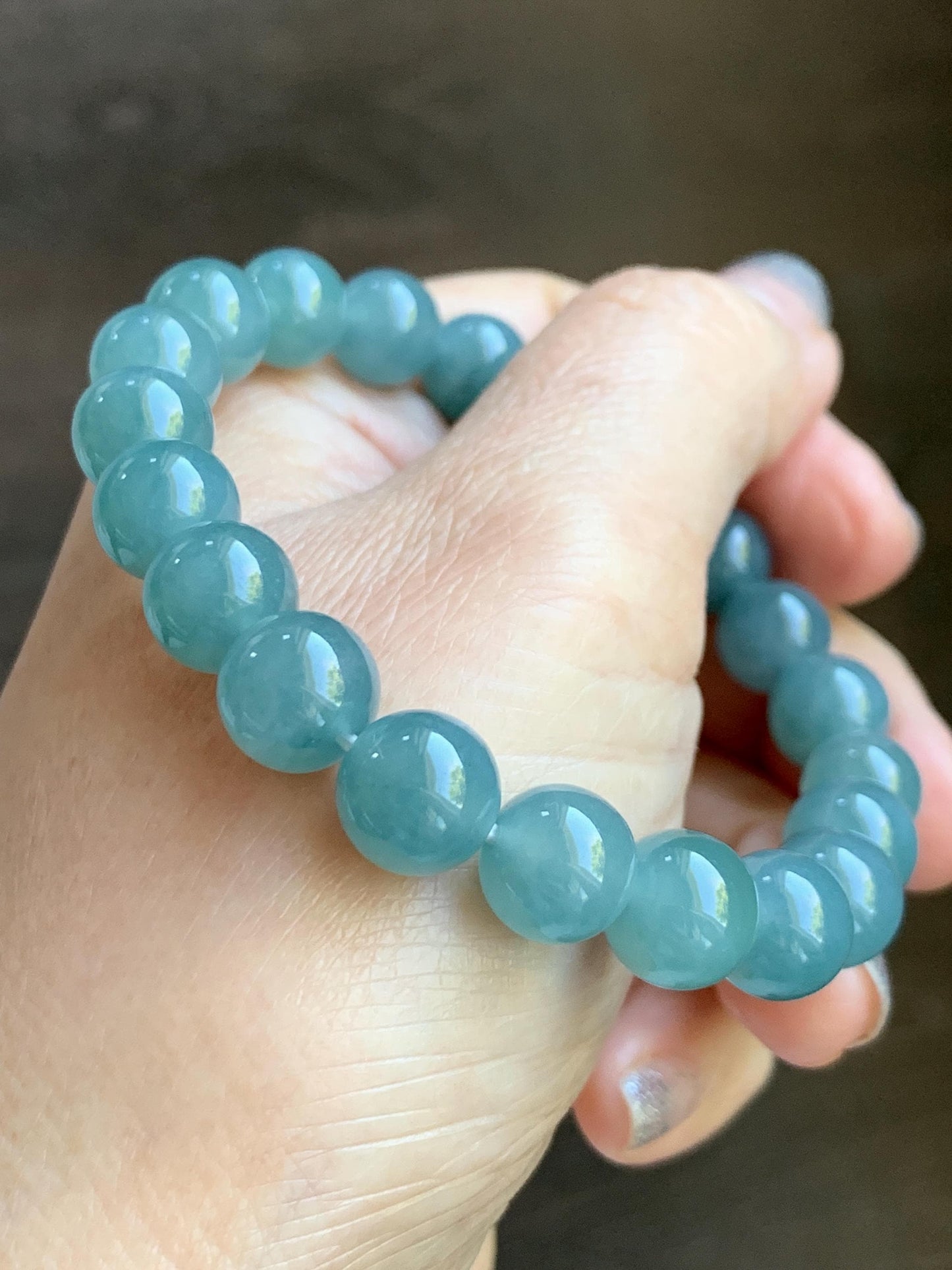 Natural Grade A Guatemalan Icy Translucent Teal Jade Jadeite Beaded Bracelet Stretchy 9.9mm 7.5"-7.75” 34g 天然冰危蓝翡翠圆珠手串 WLL330B
