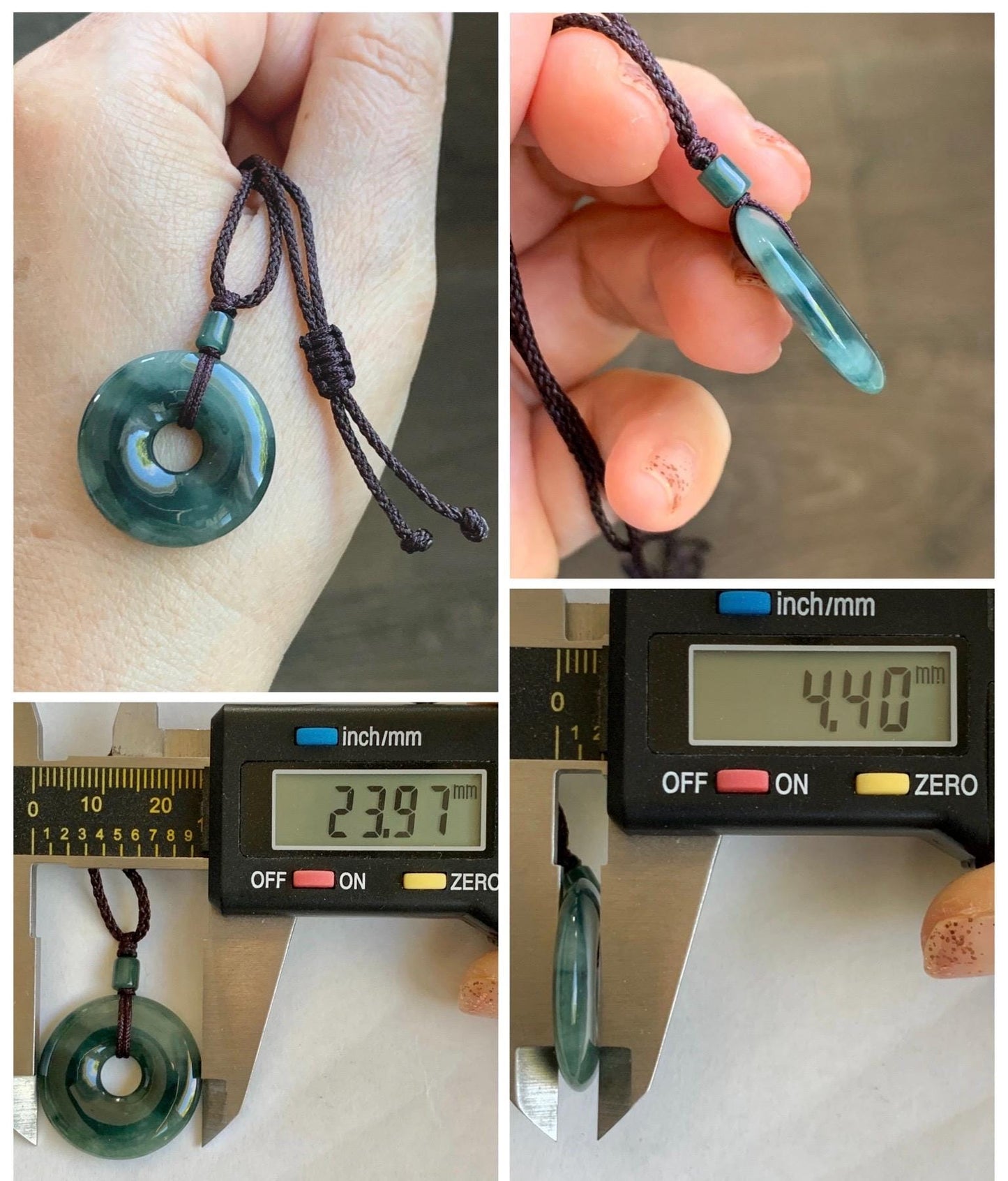 Natural Grade A Icy Translucent Dark Green Marbled Jade Jadeite Ping An Kou Donut Pendant Rope Necklace 24” 5g 天然冰暗绿飘花翡翠平安扣吊坠项链 MPL88