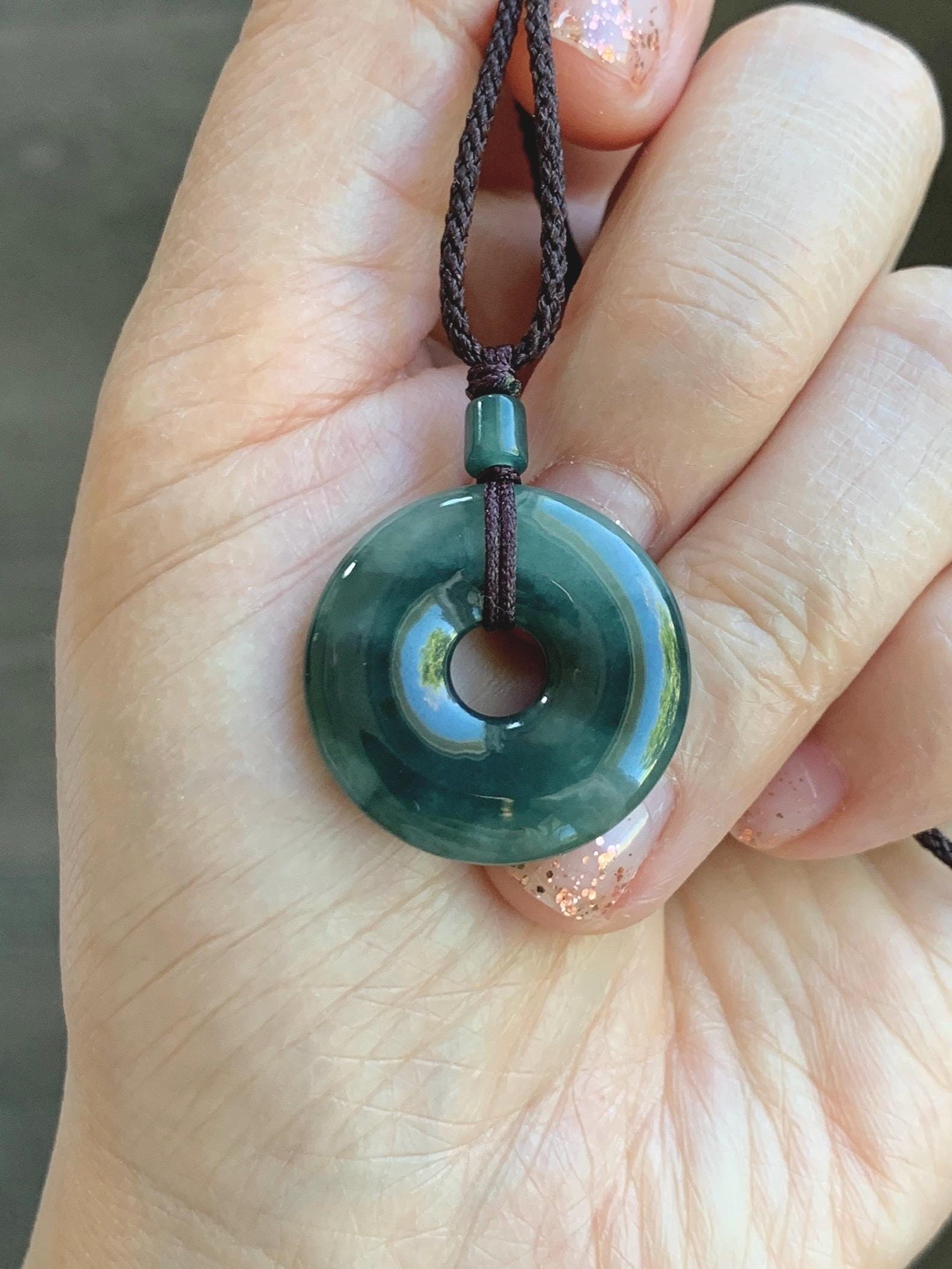 Natural Grade A Icy Translucent Dark Green Marbled Jade Jadeite Ping An Kou Donut Pendant Rope Necklace 24” 5g 天然冰暗绿飘花翡翠平安扣吊坠项链 MPL88