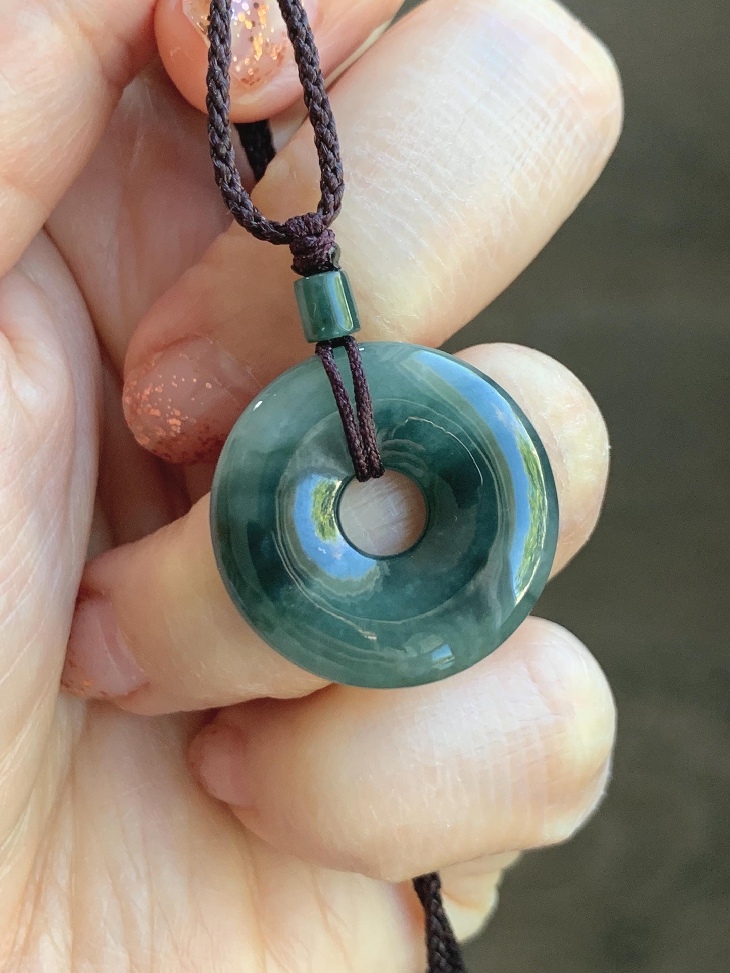 Natural Grade A Icy Translucent Dark Green Marbled Jade Jadeite Ping An Kou Donut Pendant Rope Necklace 24” 5g 天然冰暗绿飘花翡翠平安扣吊坠项链 MPL88