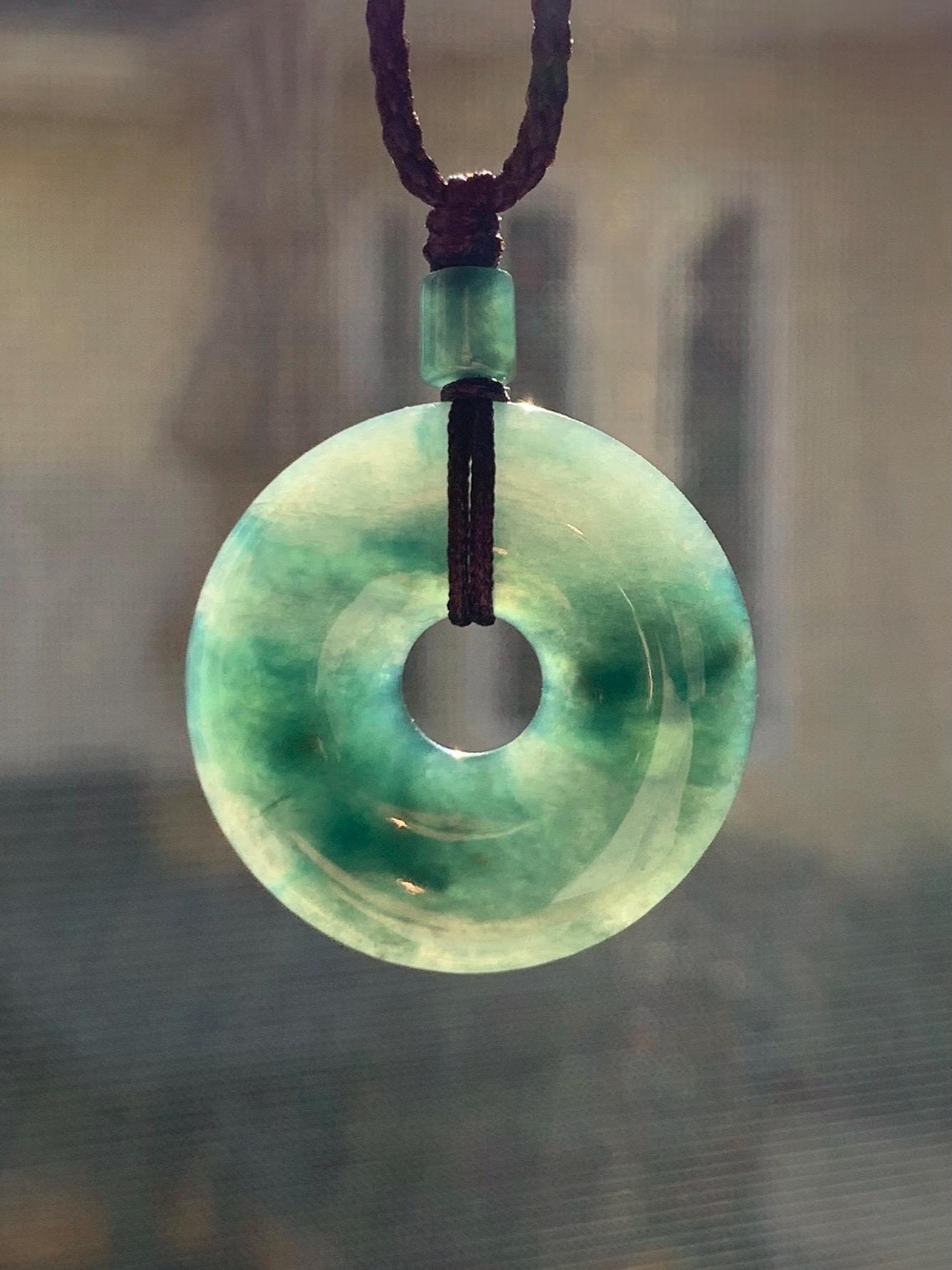 Natural Grade A Icy Translucent Dark Green Marbled Jade Jadeite Ping An Kou Donut Pendant Rope Necklace 24” 5g 天然冰暗绿飘花翡翠平安扣吊坠项链 MPL88