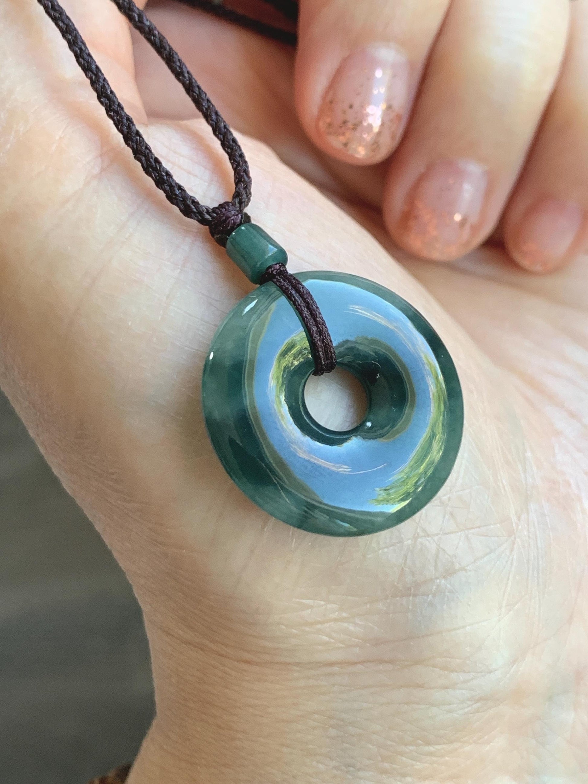 Natural Grade A Icy Translucent Dark Green Marbled Jade Jadeite Ping An Kou Donut Pendant Rope Necklace 24” 5g 天然冰暗绿飘花翡翠平安扣吊坠项链 MPL88