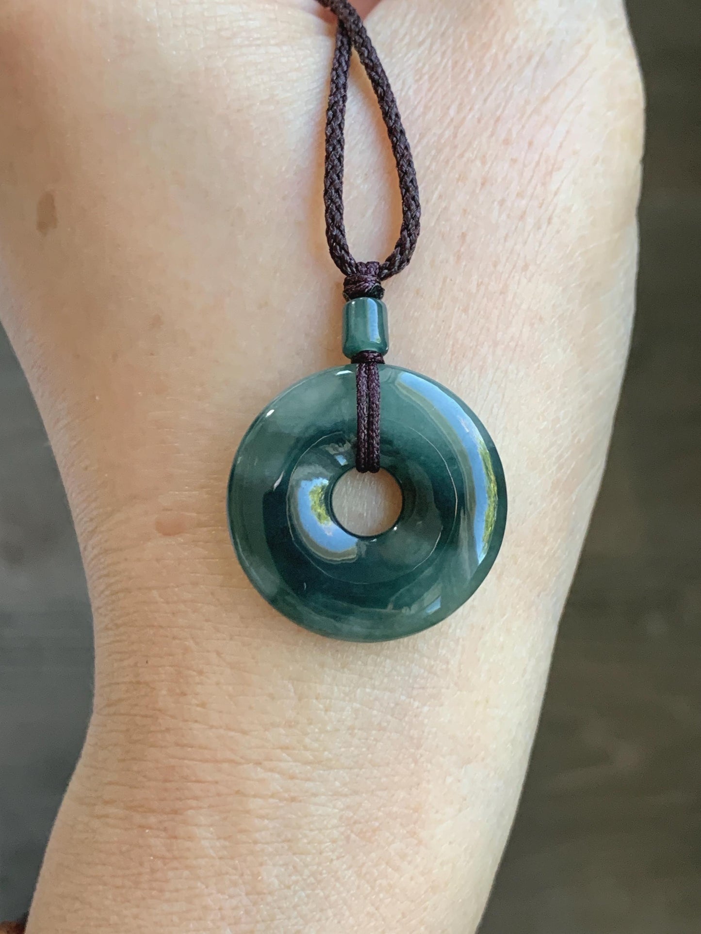 Natural Grade A Icy Translucent Dark Green Marbled Jade Jadeite Ping An Kou Donut Pendant Rope Necklace 24” 5g 天然冰暗绿飘花翡翠平安扣吊坠项链 MPL88