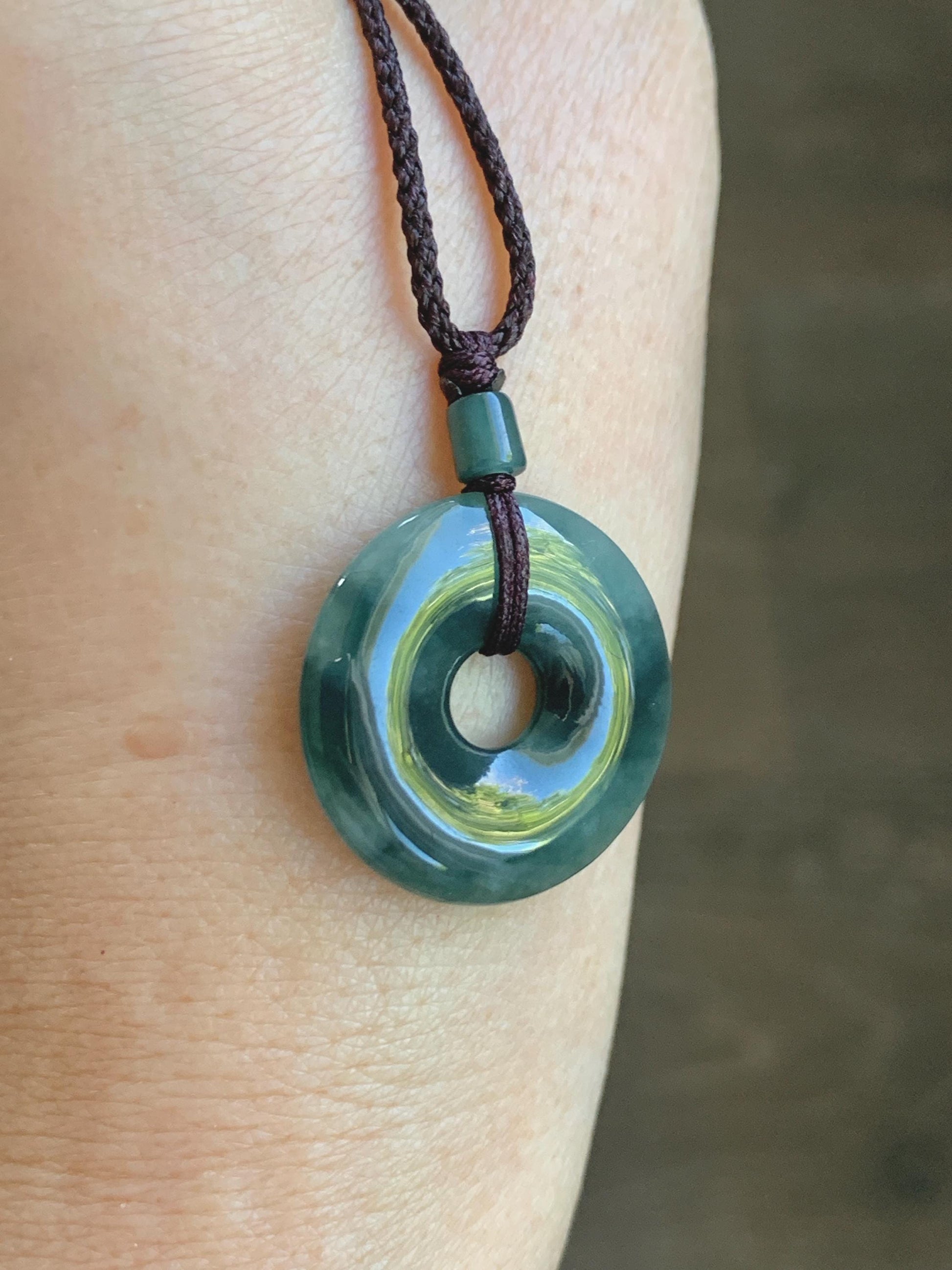 Natural Grade A Icy Translucent Dark Green Marbled Jade Jadeite Ping An Kou Donut Pendant Rope Necklace 24” 5g 天然冰暗绿飘花翡翠平安扣吊坠项链 MPL88