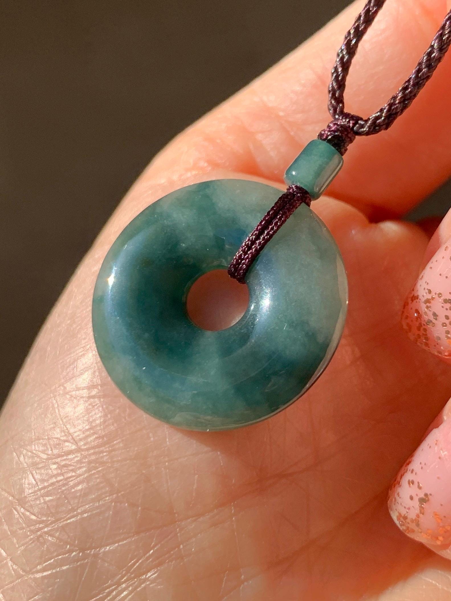 Natural Grade A Icy Translucent Dark Green Marbled Jade Jadeite Ping An Kou Donut Pendant Rope Necklace 24” 5g 天然冰暗绿飘花翡翠平安扣吊坠项链 MPL88