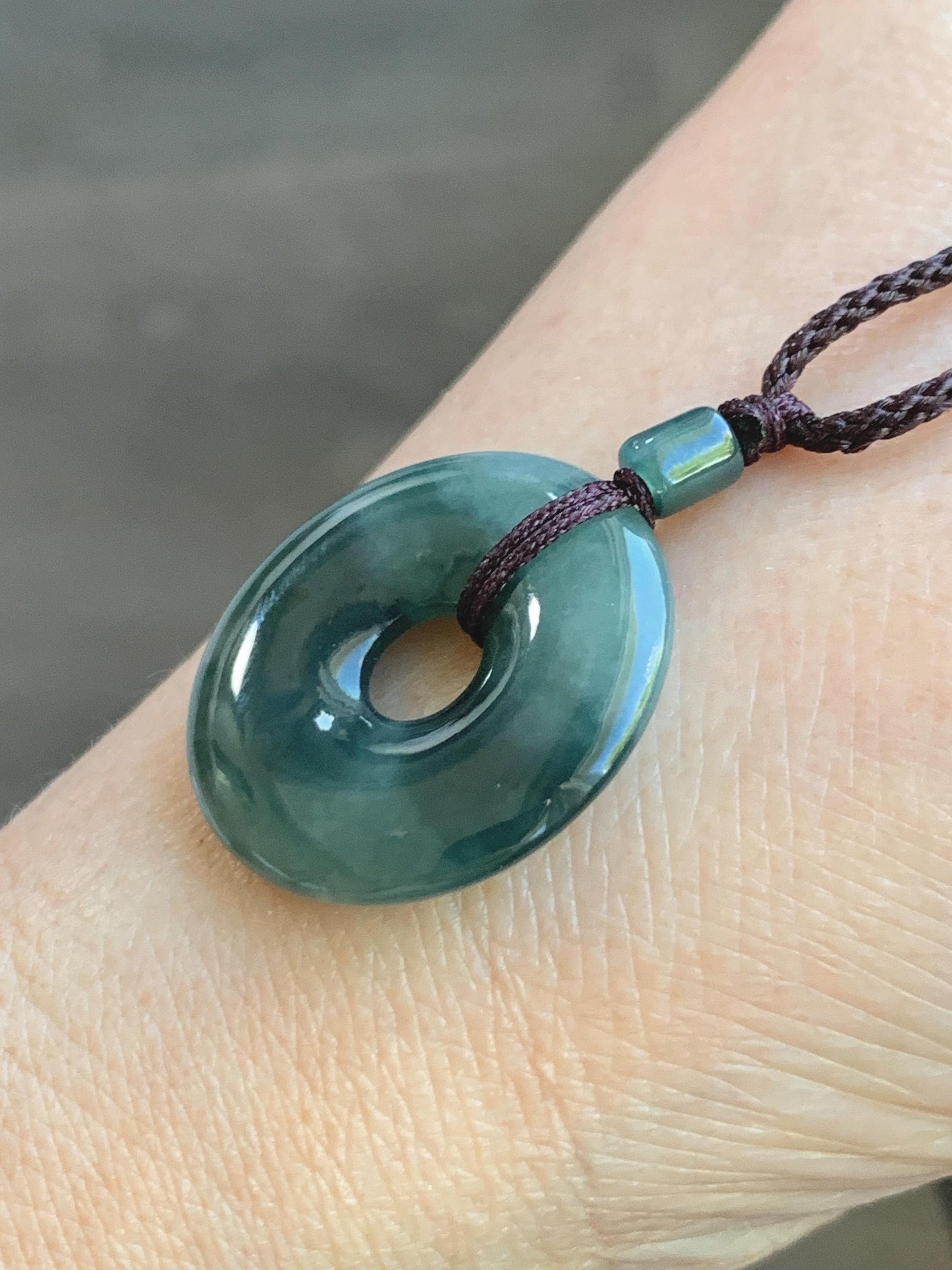 Natural Grade A Icy Translucent Dark Green Marbled Jade Jadeite Ping An Kou Donut Pendant Rope Necklace 24” 5g 天然冰暗绿飘花翡翠平安扣吊坠项链 MPL88
