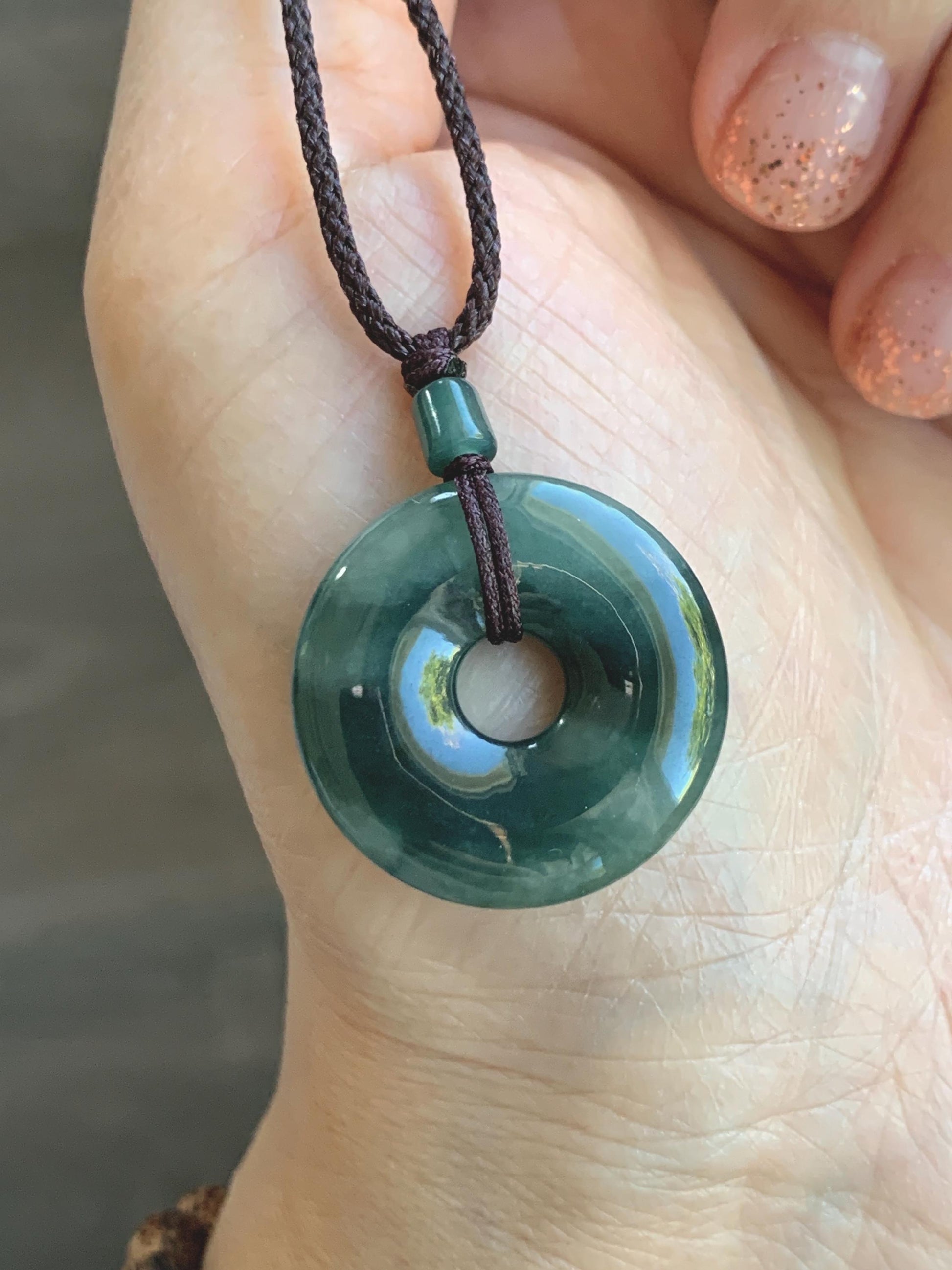 Natural Grade A Icy Translucent Dark Green Marbled Jade Jadeite Ping An Kou Donut Pendant Rope Necklace 24” 5g 天然冰暗绿飘花翡翠平安扣吊坠项链 MPL88