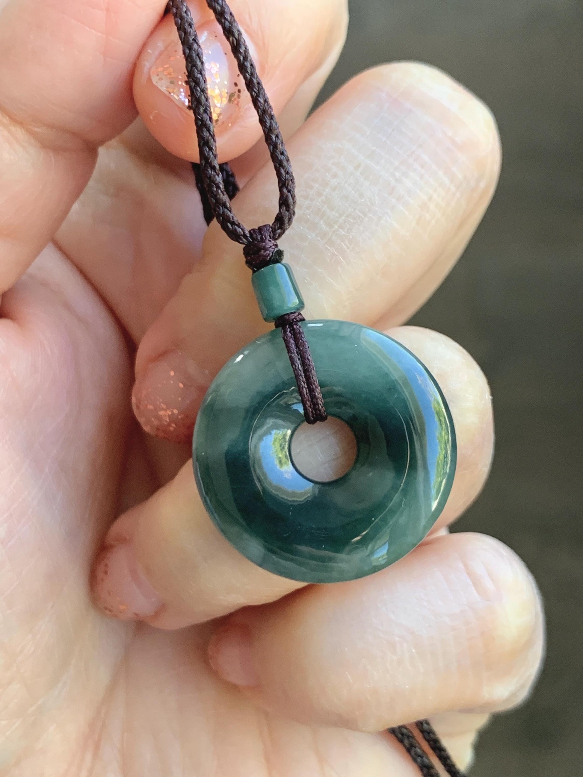 Natural Grade A Icy Translucent Dark Green Marbled Jade Jadeite Ping An Kou Donut Pendant Rope Necklace 24” 5g 天然冰暗绿飘花翡翠平安扣吊坠项链 MPL88