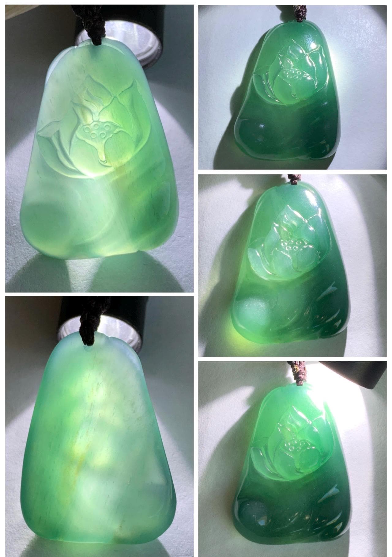 Natural Grade A Guatemalan Icy Translucent Dark Teal Green Jade Jadeite Lotus Flower Pendant Rope Necklace 26” 天然冰胶危深蓝绿翡翠莲花吊坠 WLL132