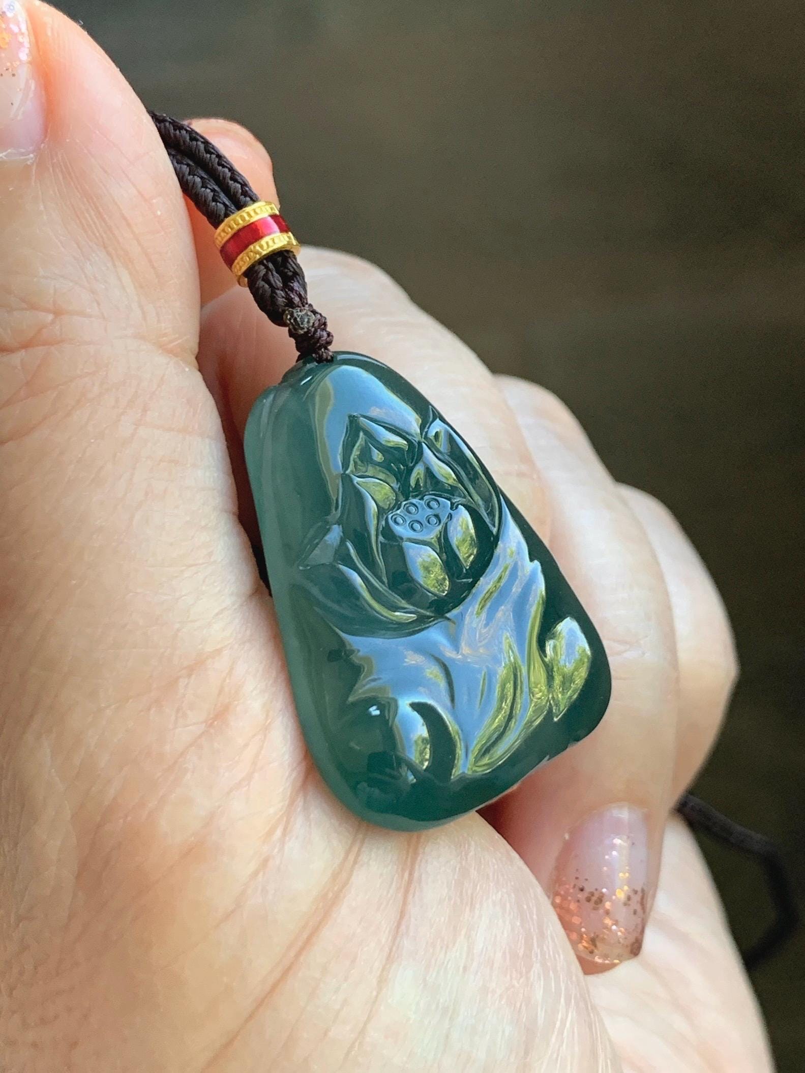 Natural Grade A Guatemalan Icy Translucent Dark Teal Green Jade Jadeite Lotus Flower Pendant Rope Necklace 26” 天然冰胶危深蓝绿翡翠莲花吊坠 WLL132