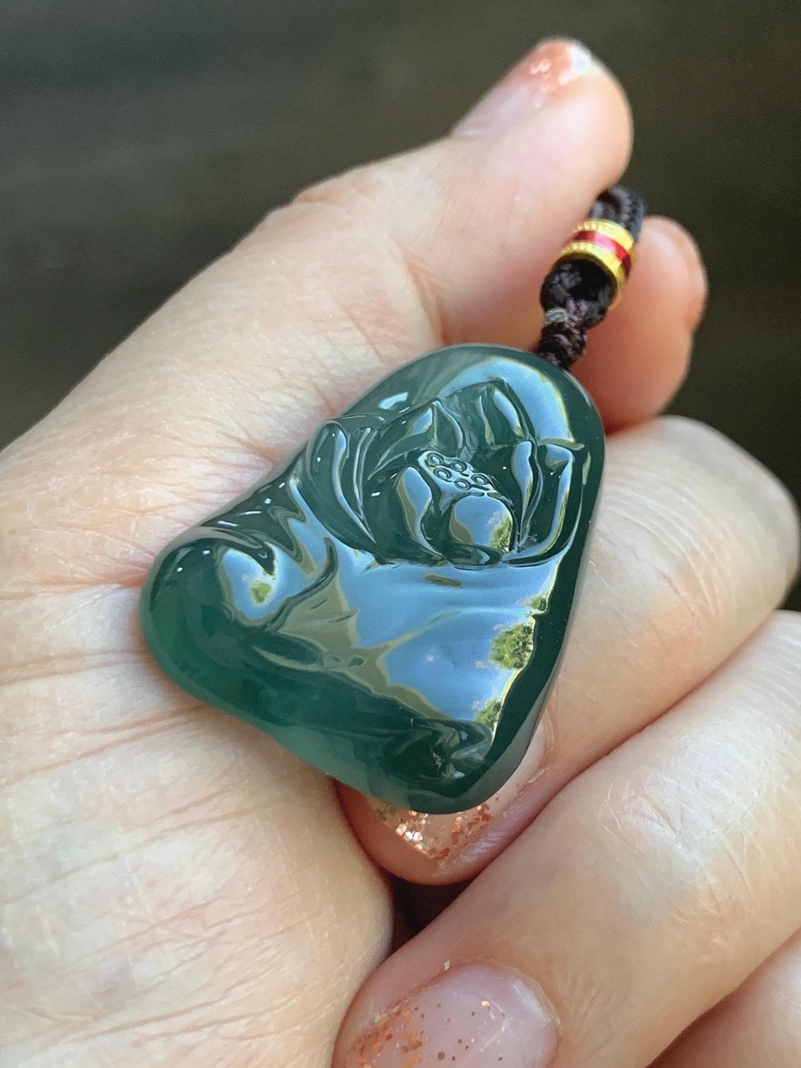 Natural Grade A Guatemalan Icy Translucent Dark Teal Green Jade Jadeite Lotus Flower Pendant Rope Necklace 26” 天然冰胶危深蓝绿翡翠莲花吊坠 WLL132