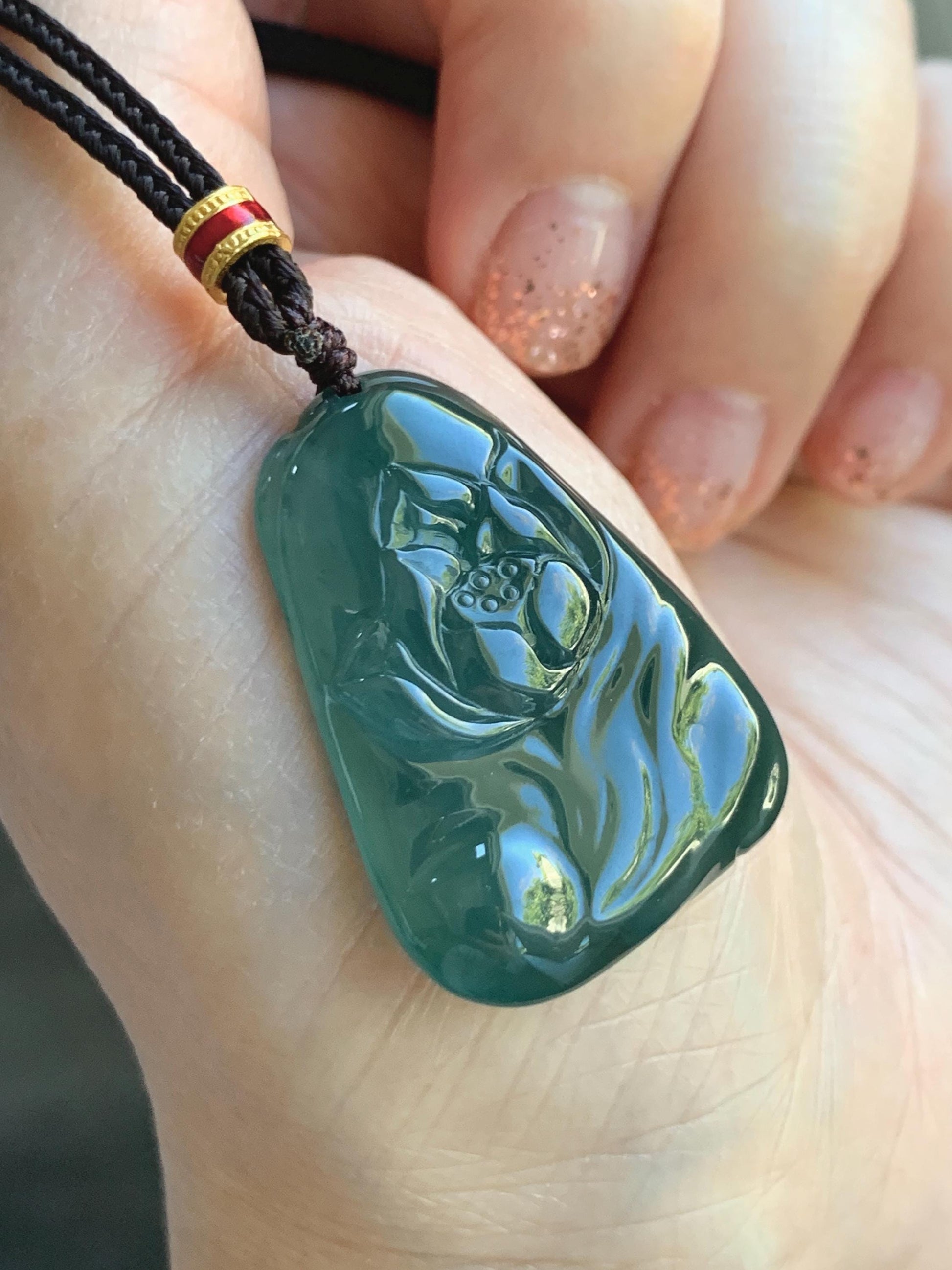 Natural Grade A Guatemalan Icy Translucent Dark Teal Green Jade Jadeite Lotus Flower Pendant Rope Necklace 26” 天然冰胶危深蓝绿翡翠莲花吊坠 WLL132