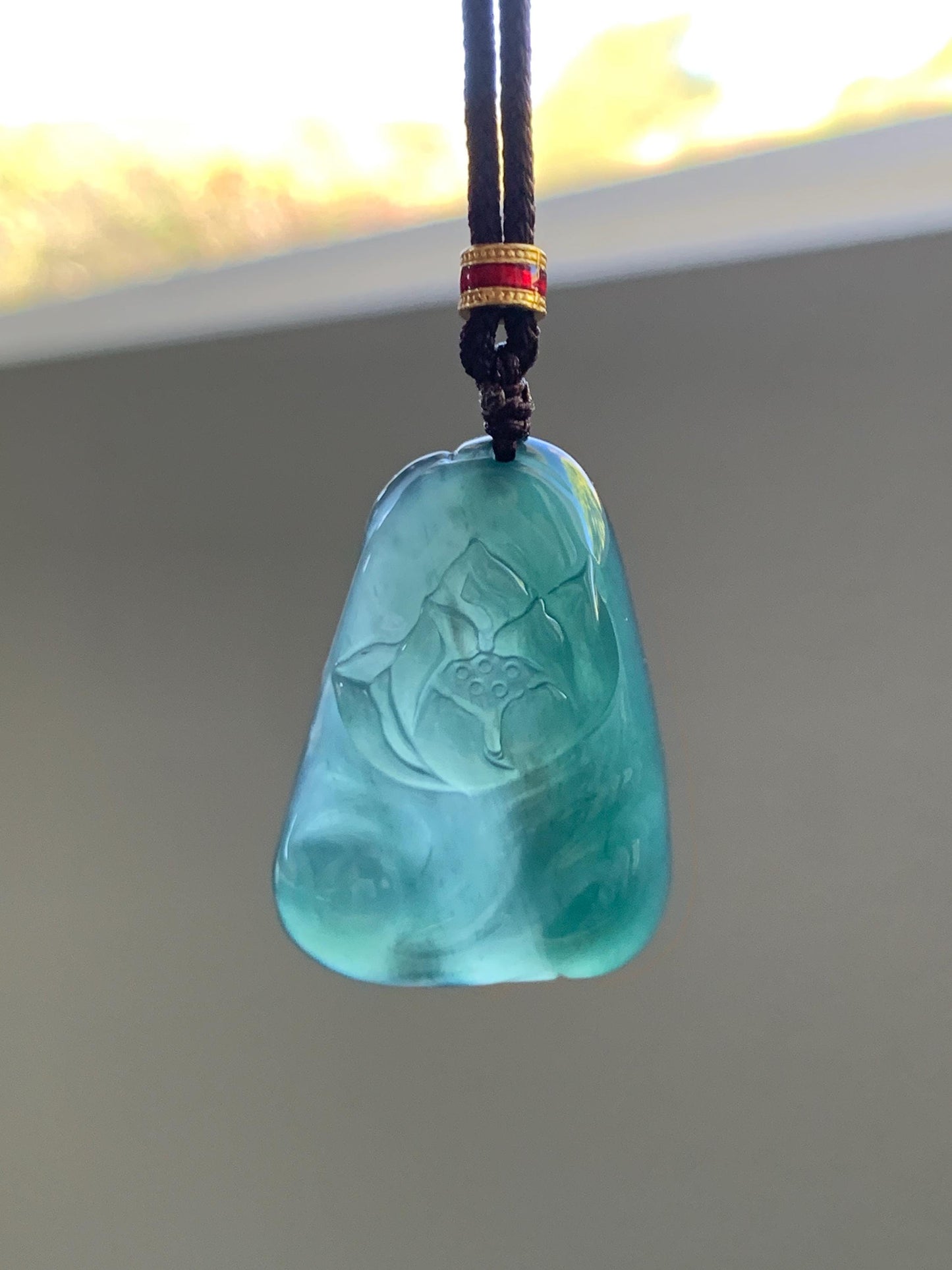Natural Grade A Guatemalan Icy Translucent Dark Teal Green Jade Jadeite Lotus Flower Pendant Rope Necklace 26” 天然冰胶危深蓝绿翡翠莲花吊坠 WLL132