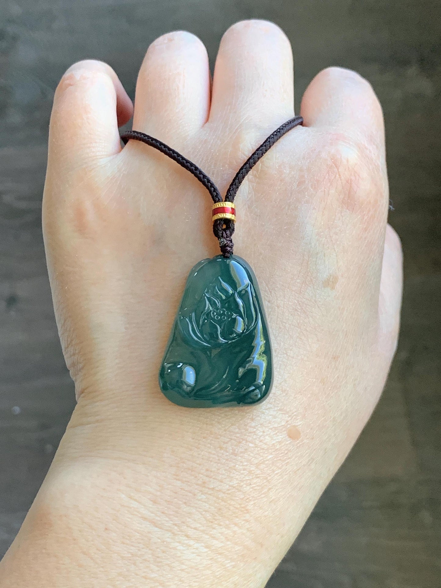 Natural Grade A Guatemalan Icy Translucent Dark Teal Green Jade Jadeite Lotus Flower Pendant Rope Necklace 26” 天然冰胶危深蓝绿翡翠莲花吊坠 WLL132