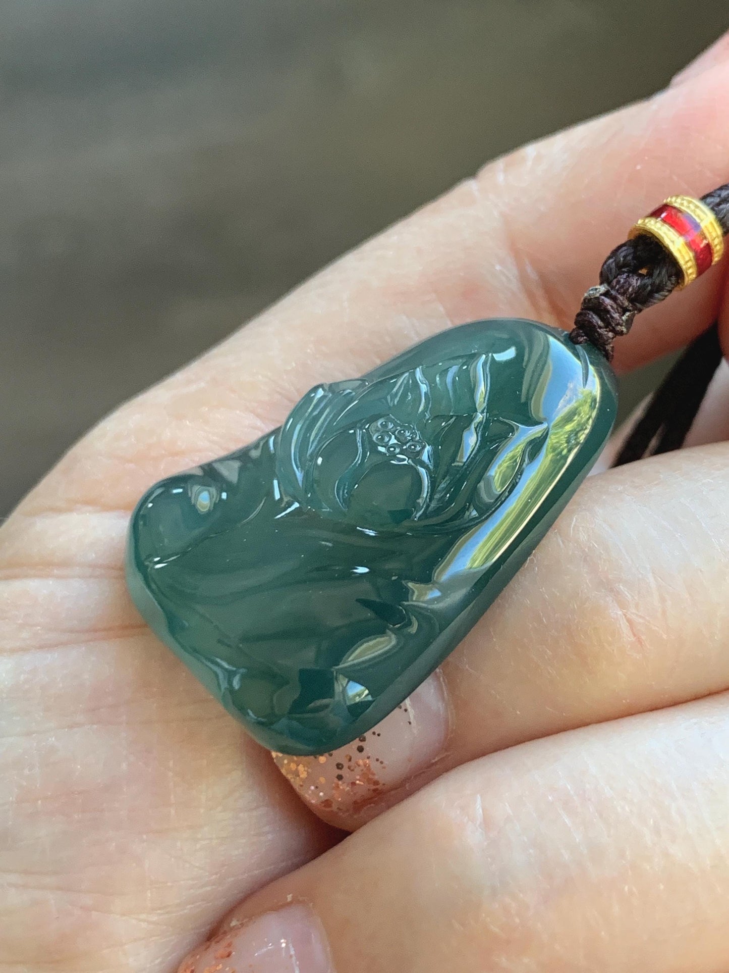 Natural Grade A Guatemalan Icy Translucent Dark Teal Green Jade Jadeite Lotus Flower Pendant Rope Necklace 26” 天然冰胶危深蓝绿翡翠莲花吊坠 WLL132