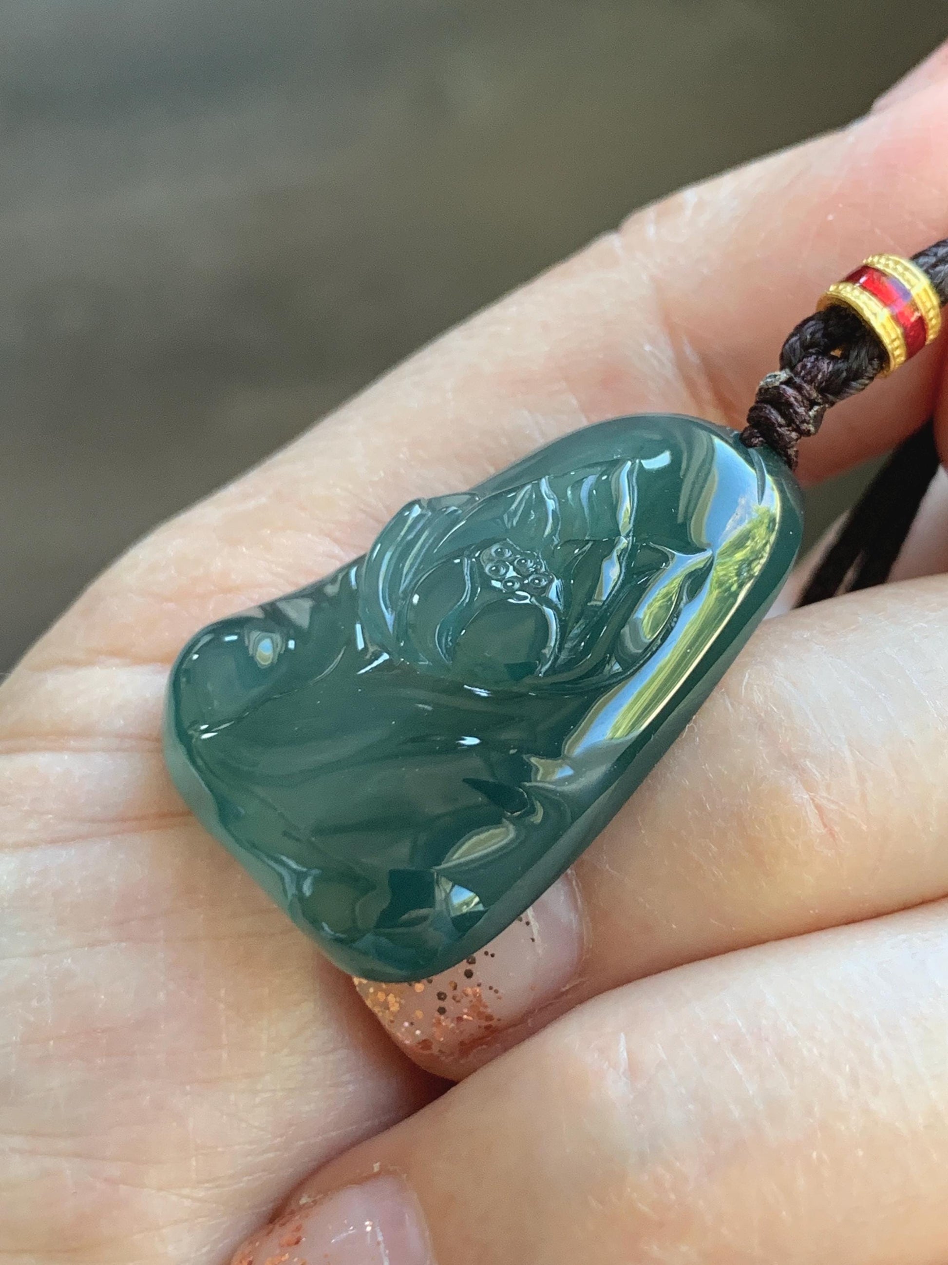 Natural Grade A Guatemalan Icy Translucent Dark Teal Green Jade Jadeite Lotus Flower Pendant Rope Necklace 26” 天然冰胶危深蓝绿翡翠莲花吊坠 WLL132