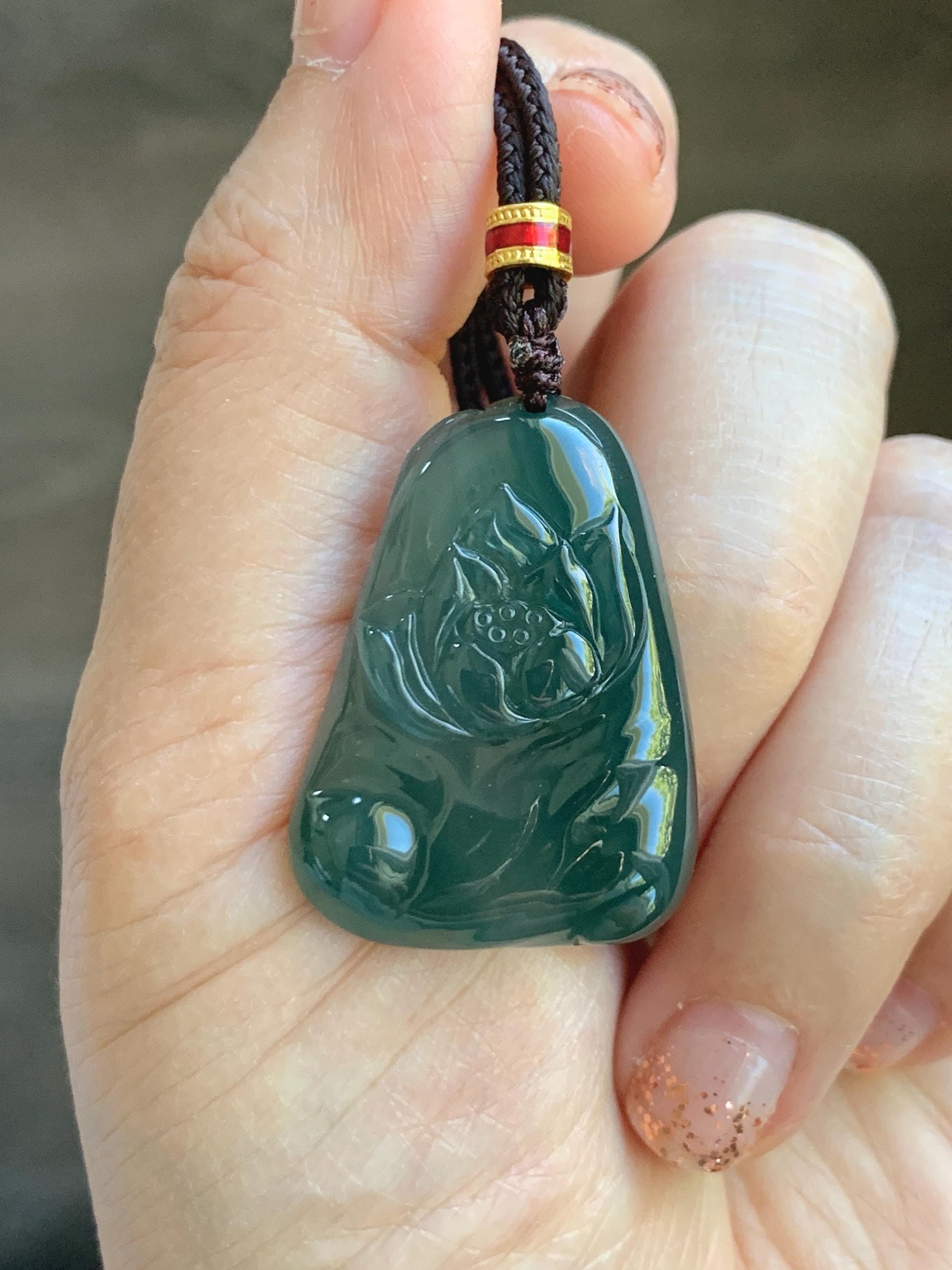 Natural Grade A Guatemalan Icy Translucent Dark Teal Green Jade Jadeite Lotus Flower Pendant Rope Necklace 26” 天然冰胶危深蓝绿翡翠莲花吊坠 WLL132