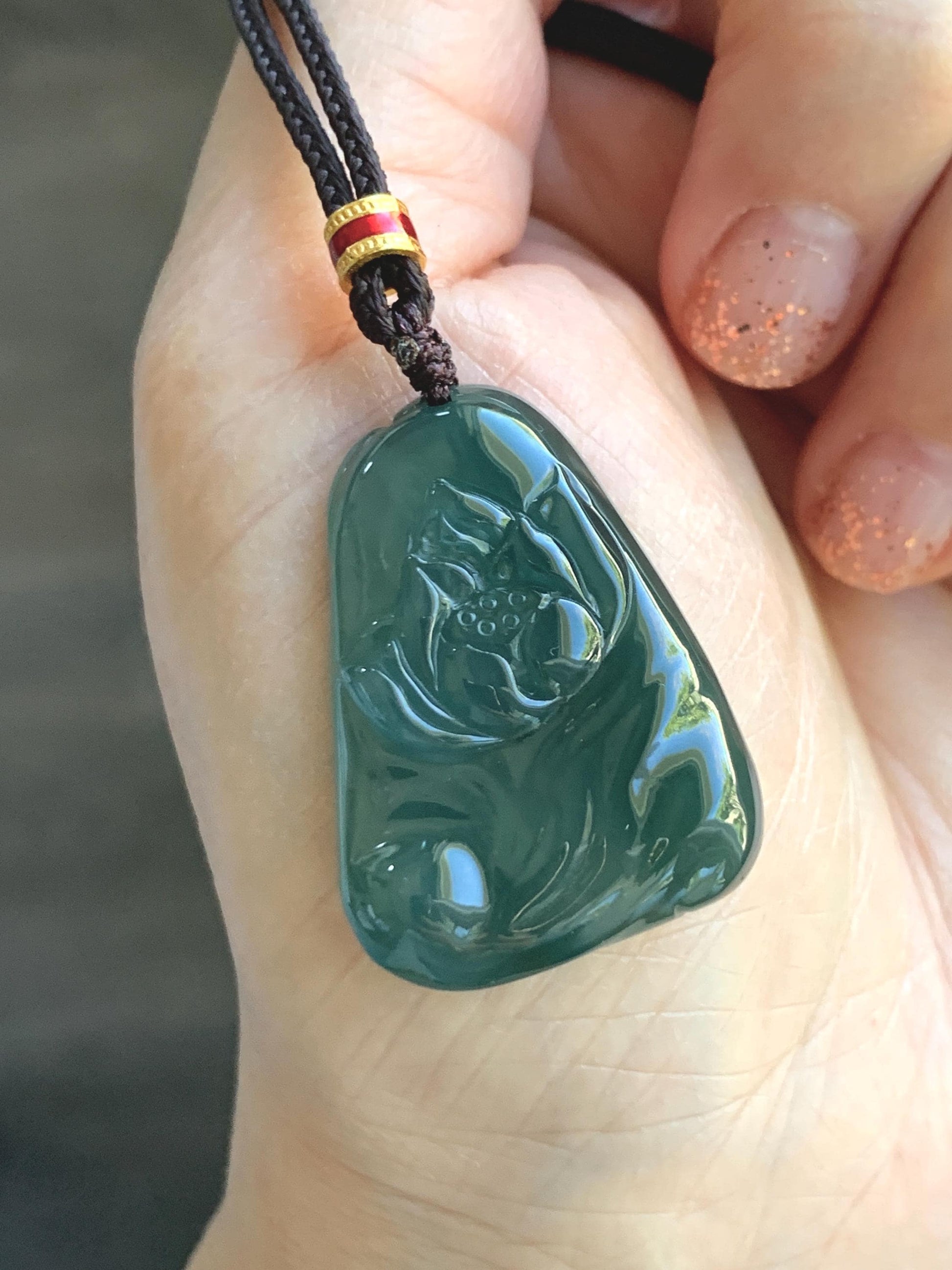 Natural Grade A Guatemalan Icy Translucent Dark Teal Green Jade Jadeite Lotus Flower Pendant Rope Necklace 26” 天然冰胶危深蓝绿翡翠莲花吊坠 WLL132